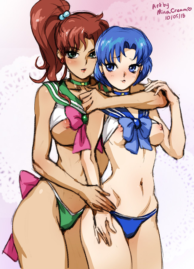 2girls, ami mizuno, areolae, bishoujo senshi sailor moon, blue eyes, blue hair, breasts, clothing, exposed breasts, female, female only, hair, makoto kino, medium breasts, minacream, multiple females, multiple girls, nipples, panties, ponytail, sailor jupiter, sailor mercury, small breasts, yuri