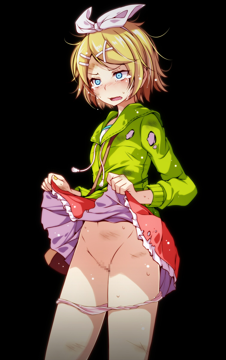 black background, blonde hair, censored, crying, embarrassed, female, forced exposure, forced presentation, hair ornament, hairclip, kagamine rin, lifted by self, mosaic censoring, open mouth, presenting, project diva (series), pussy, short hair, simple background, skirt, skirt lift, solo, tears, tsukishiro saika, vocaloid