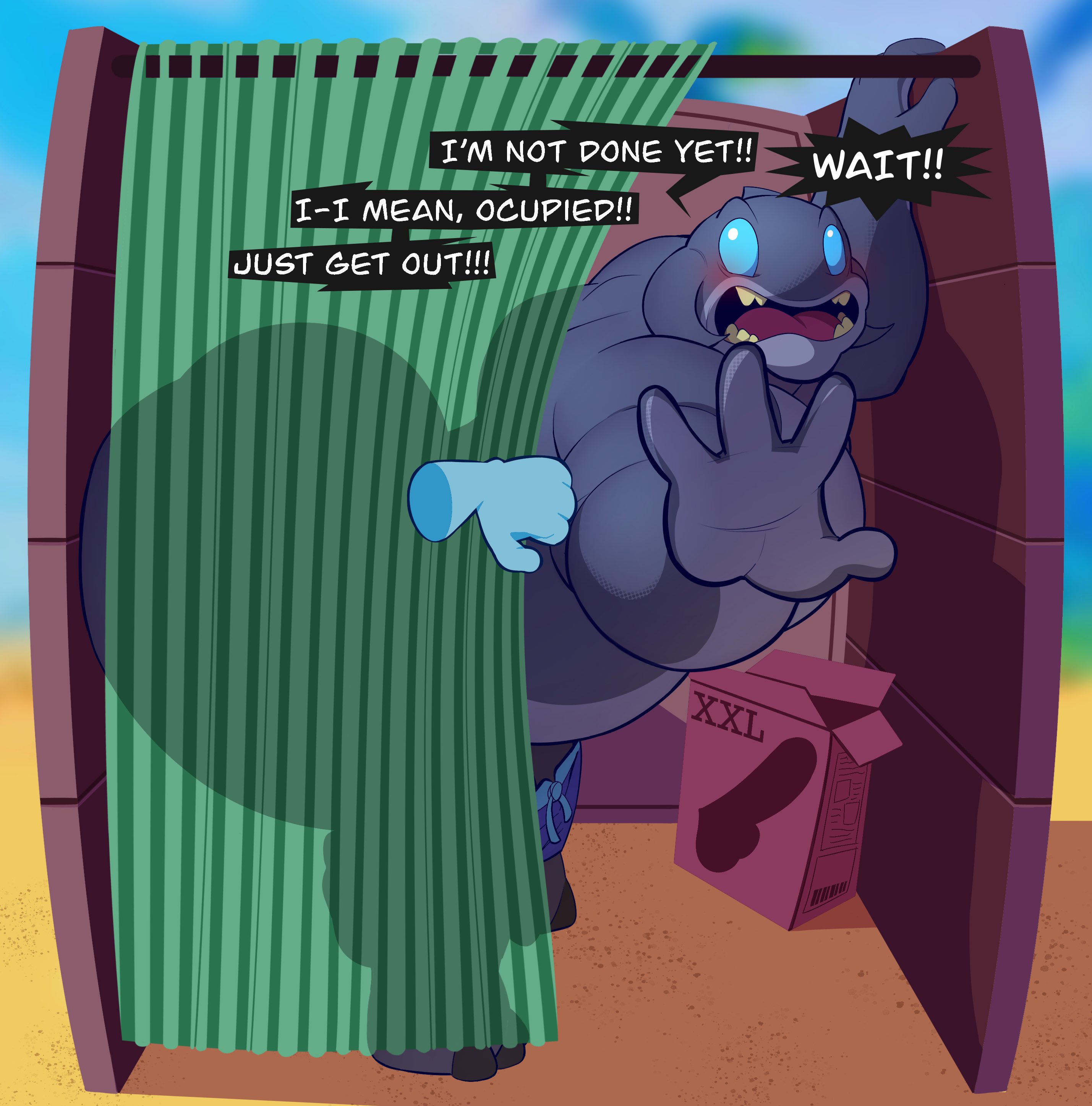 2025, 4 fingers, absurd res, alien, alien humanoid, anthro, arched back, ass, beach, beetleartz, big ass, big ass (male), big butt, bigbchevalier, blue bottomwear, blue clothing, blue eyes, blue shorts, blush, bottomwear, bottomwear down, bubble ass, bubble butt, caught, caught in the act, changing room, clothed, clothing, curtains, dialogue, dildo, disembodied hand, disney, embarrassed, english description, english text, exclamation point, fingers, gantu, grey body, hi res, high resolution, highres, humanoid, implied anal, implied sex, lilo and stitch, male, male only, open mouth, outdoors, outside, package, partially clothed, sand, sex toy, shocked, shocked expression, shorts, shorts down, side view, solo, speech bubble, tagme, text, topless, topless humanoid, topless male