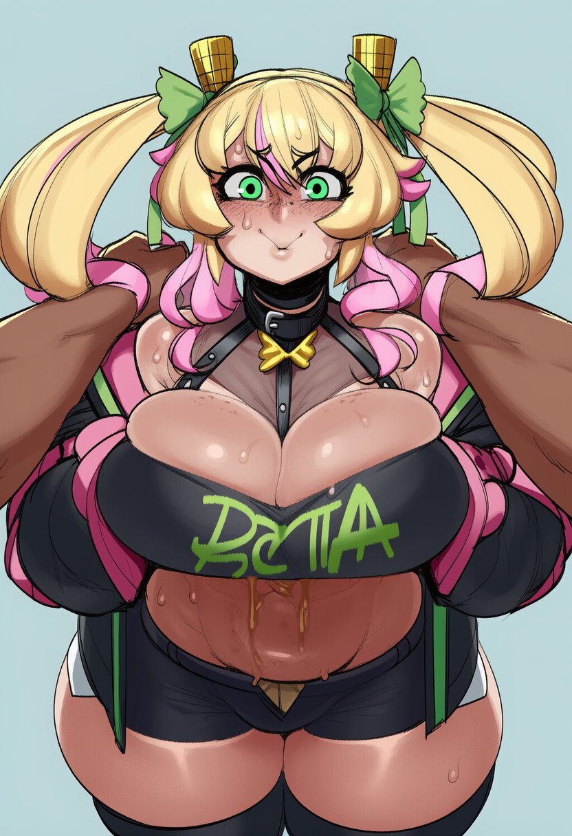1boy, 1girls, ai art, ai generated, banana bus squad, big breasts, black sweatshirt, blonde hair, breasts, chocker, collar, curvaceous, curvaceous female, curvaceous figure, curvy, curvy body, curvy female, curvy figure, curvy hips, female, freckles, freckles on breasts, freckles on face, green bow, green eyes, indie virtual youtuber, looking at viewer, loose clothes, male, offscreen character, pasta, pastaroniravioli, pink clothing, pink hair, pink highlights, pink socks, senko chan1, sole female, tagme, the vanoss crew, thick legs, thick thighs, thighhighs, thighs, twintails, two-tone hair, unseen male face, vanoss crew, virtual youtuber, vtuber, vtuber persona, vtuberfanart, wide hips, youtube, youtuber