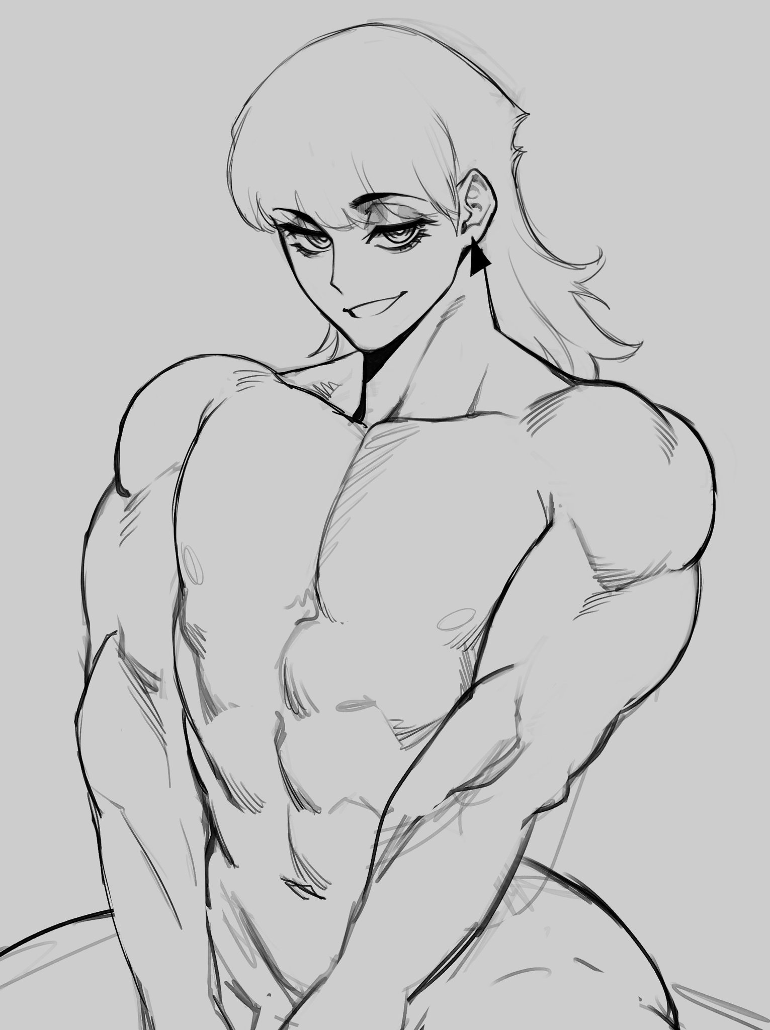1boy, 2d, 2d (artwork), 2d artwork, abdominals, abs, ambush (trap), androgynous, angel, angel boy, biceps, curvy, curvy body, curvy figure, curvy hips, curvy male, digital drawing (artwork), digital media (artwork), earrings, eyelashes, eyeshadow, femboy, feminine male, flirty, flirty eyes, hatching (texture), long hair, looking at viewer, male, male focus, male only, muscular, muscular arms, muscular femboy, naked, naked male, nipples, no color, nude, nude male, panty & stocking with garterbelt, polyurethane (psg), sketch, sketchy, smile, smiling, smiling at viewer, solo, solo focus, solo male, sotcho, studio trigger, twunk