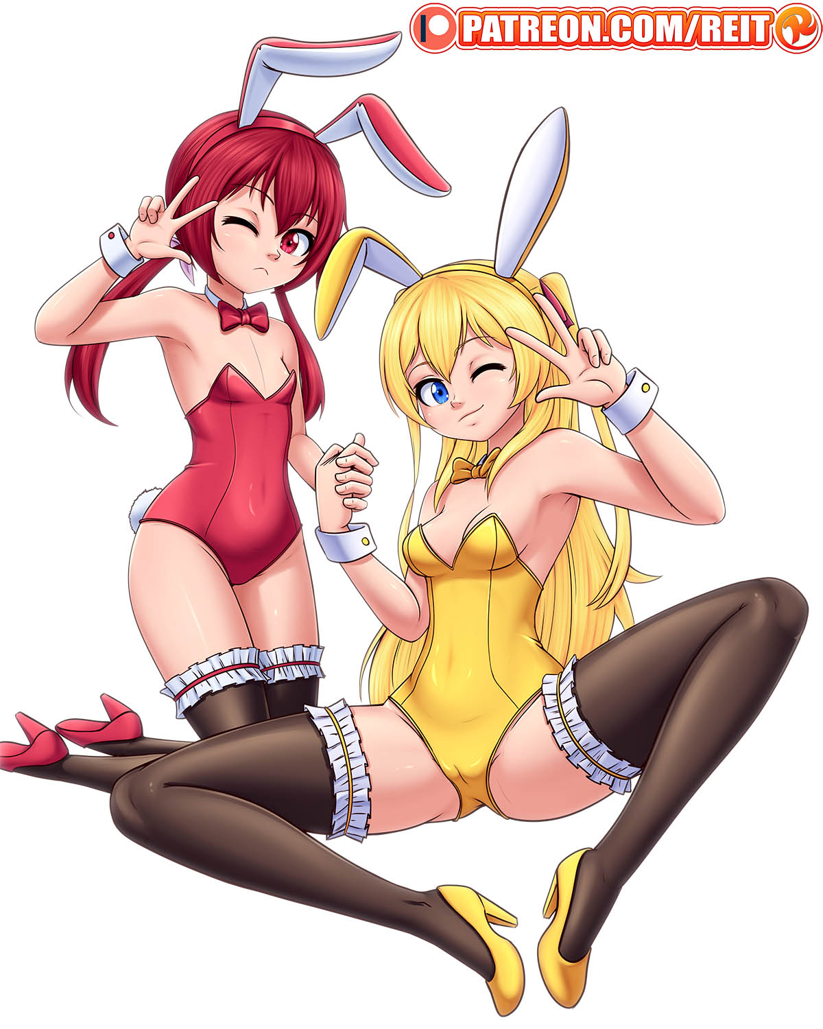 2girls ;) blonde_hair blue_eyes bunny bunny_ears bunnysuit high_heels joukamachi_no_dandelion leotard looking_at_viewer patreon red_eyes red_hair reit sakurada_akane sakurada_hikari thighhighs twintails v