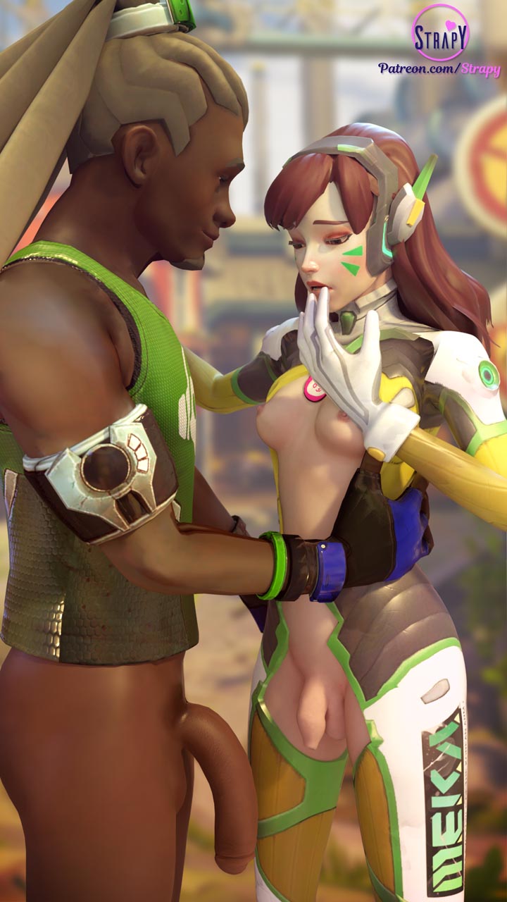 1boy 1futa 3d alternate_costume blizzard_entertainment breasts brown_hair circumcised d.va dark-skinned_male dark_skin duo estro-boi flaccid futa_is_smaller futanari headphones interracial intersex lúcio lemon-lime_d.va male male_with_futa overwatch small_breasts small_penis strapy uncut whisker_markings