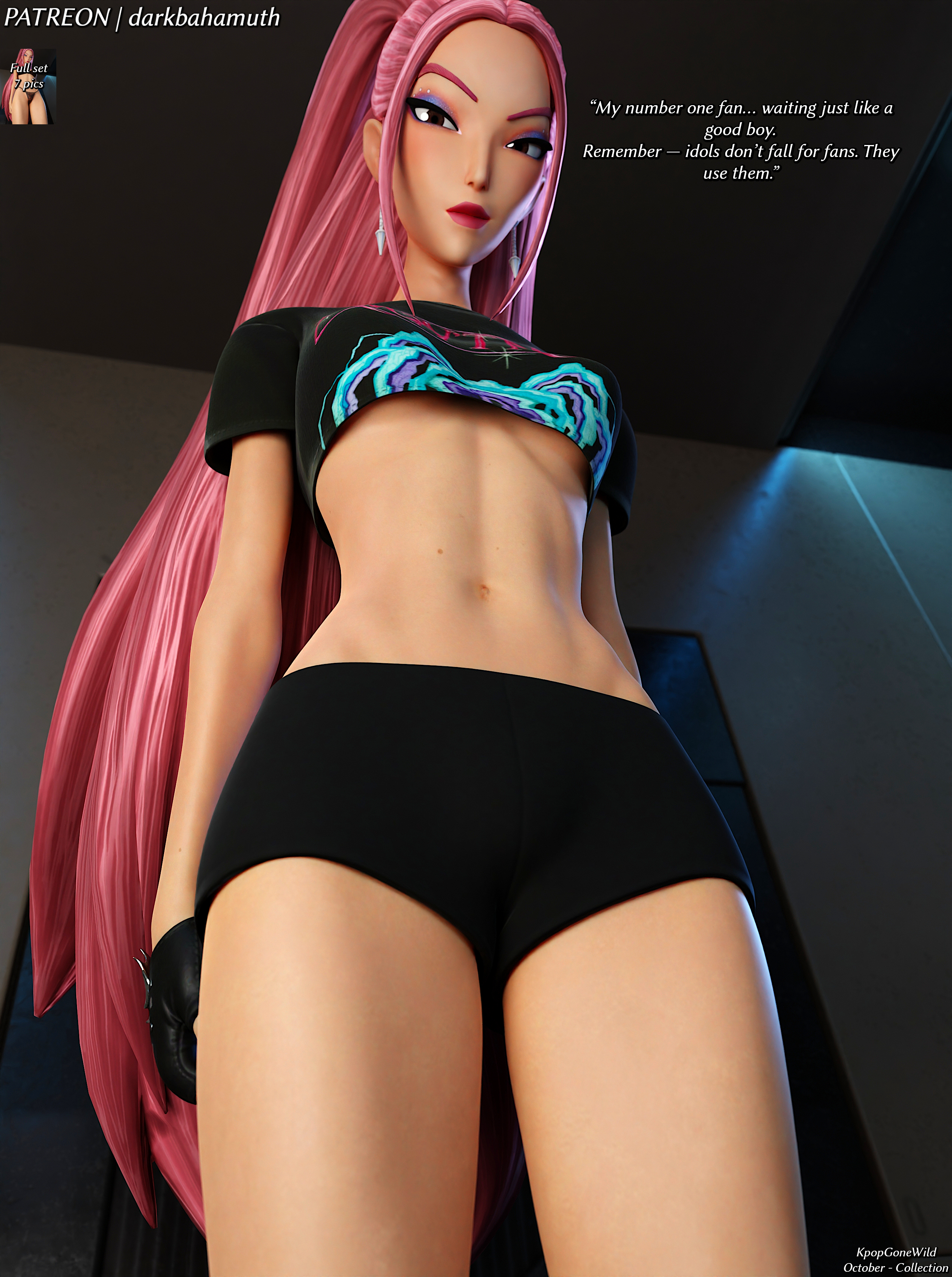 3d, 3d (artwork), belly, breasts, crop top, darkbahamuth, dominant, female, kpop demon hunters, looking down, midriff, mira (kpop demon hunters), pinup, shorts, tight clothing, underboob