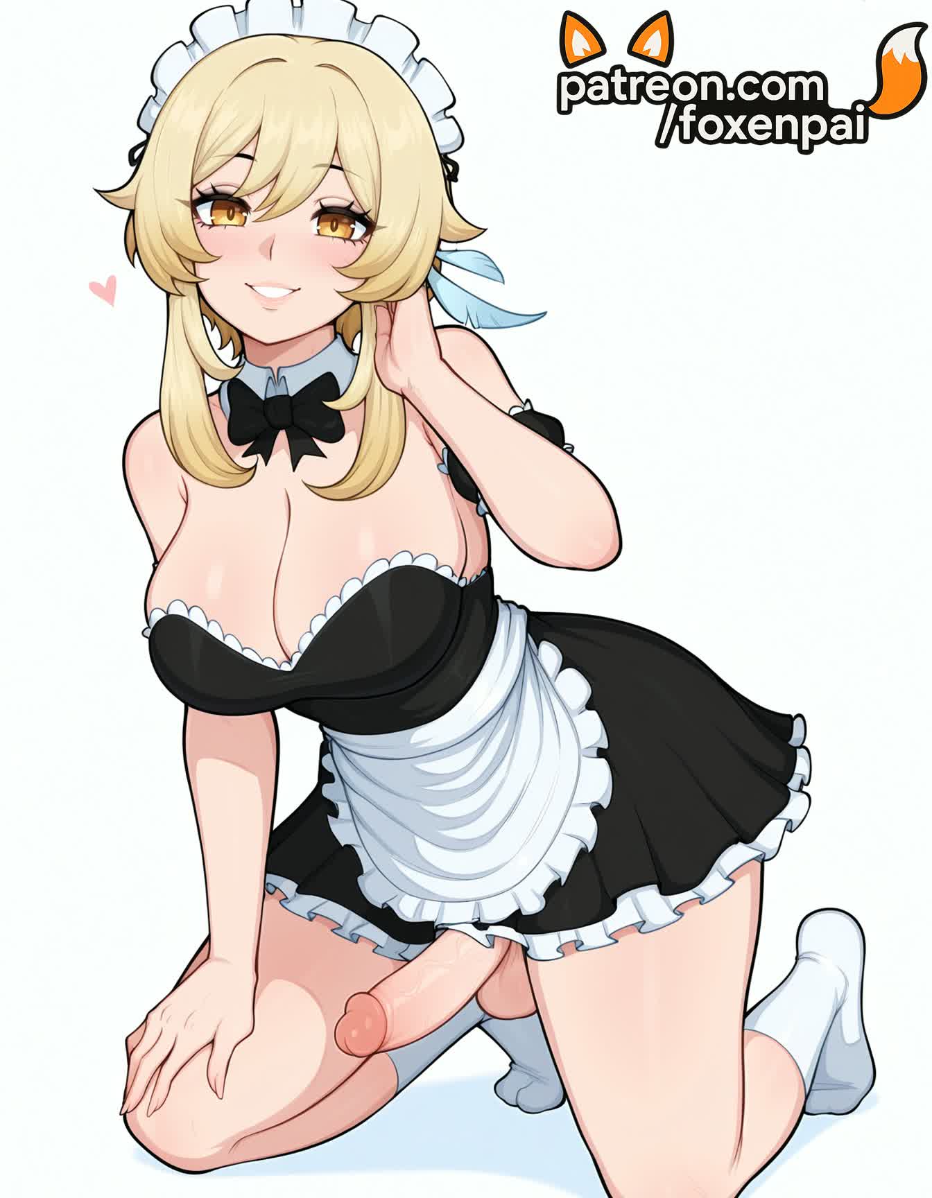 1futa, 2025, ai generated, apron, artist name, balls, blonde hair, breasts, bust, chest, cleavage, cock, dick, erection, eyebrows visible through hair, foreskin, foxenpai, frilled apron, frills, futa only, futanari, genderswap (ftm), genshin impact, hi res, high quality, high resolution, highres, intersex, light-skinned futa, long hair, lumine (genshin impact), maid, maid headdress, patreon, patreon username, penis, rule 63, smile, socks, solo, stable diffusion, testicles, tight foreskin, uncensored, uncircumcised, waist apron, watermark, white apron, yellow eyes