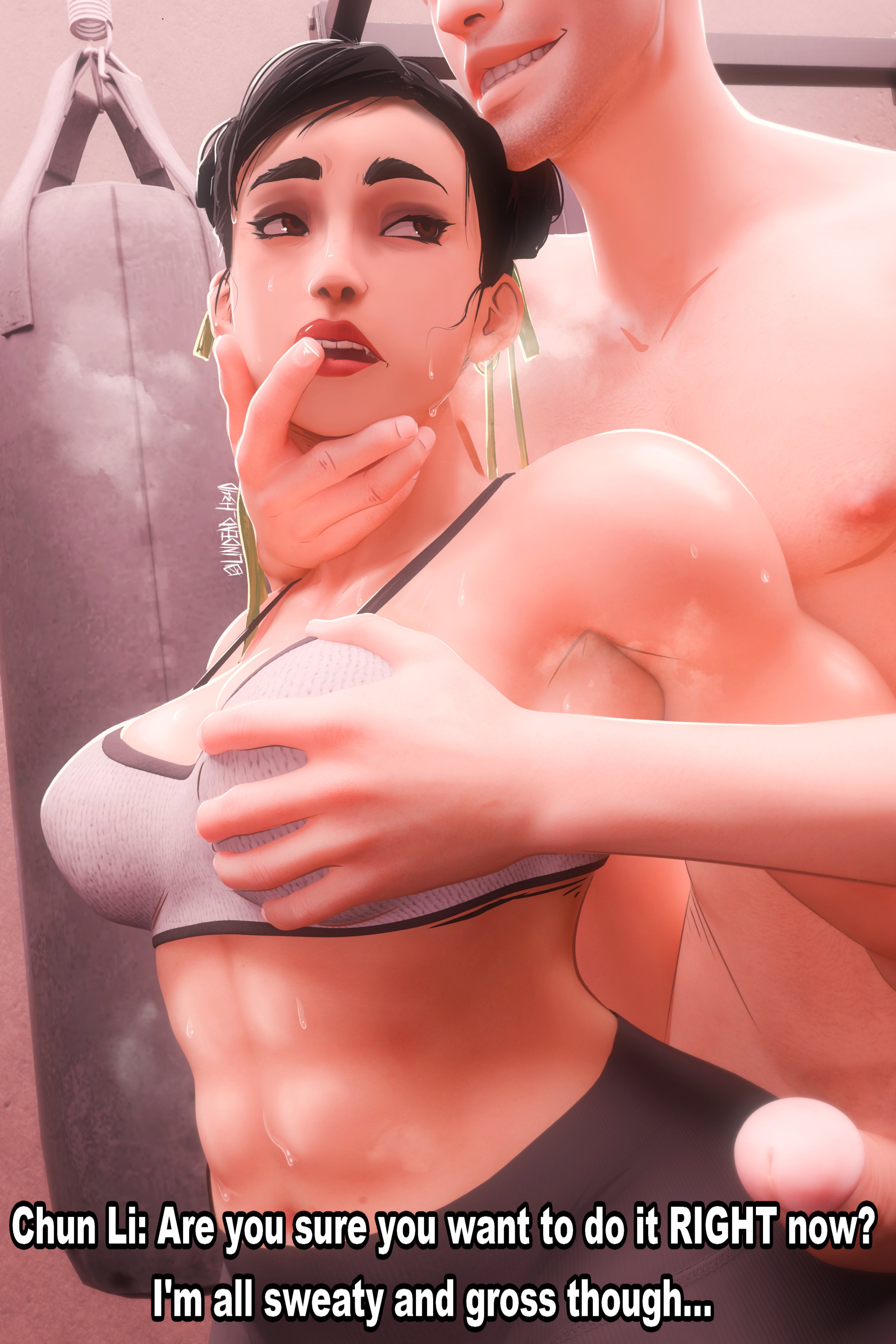 2025, breasts, chun-li, chun-li (fortnite), dick, female, fortnite, gym, hand on breast, male, male/female, montague (fortnite), naked male, penis, smiling, steamy, street fighter, sweaty, undead h34d