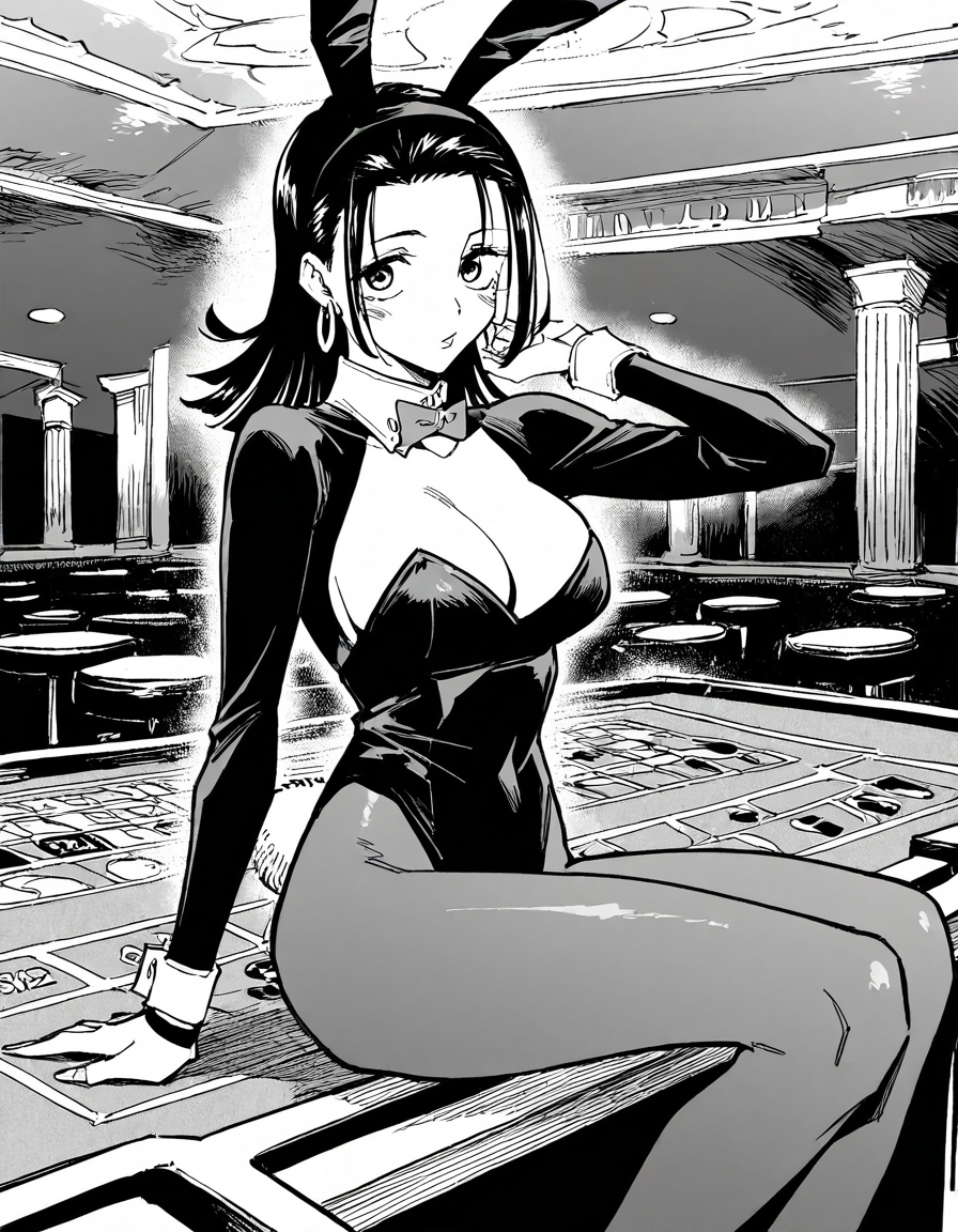 1girls, ai generated, blue eyes, blush, breasts, bunny girl, bunnysuit, casino, dark, earrings, female, hair, jujutsu kaisen, jujutsu kaisen modulo, revealing clothes, sitting on desk, stockings, yuka okkotsu