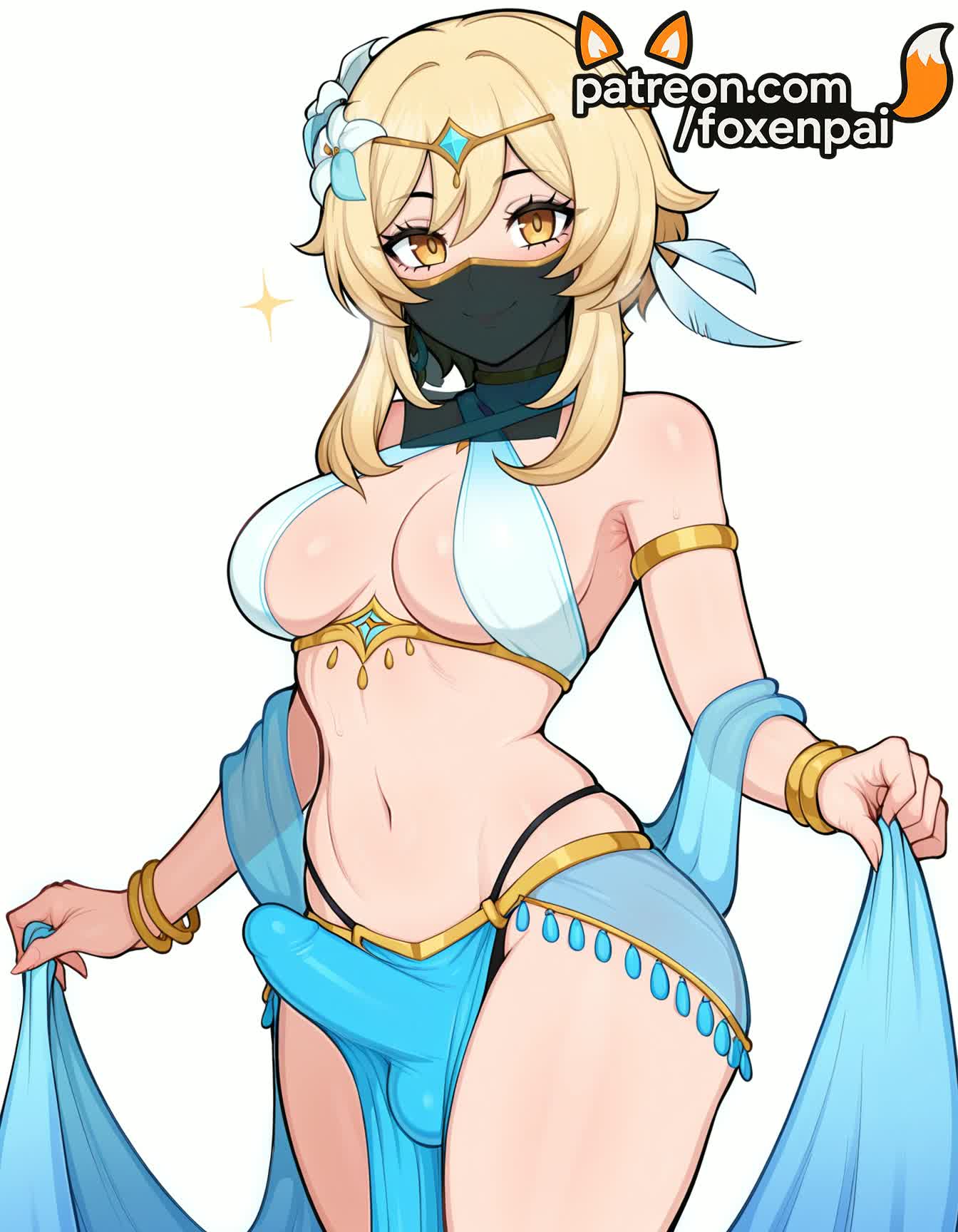 1futa, 2025, ai generated, artist name, balls, bracelet, breasts, bulge, clothes lift, cock, dick, erection, erection under clothes, flower, foxenpai, futa only, futanari, genshin impact, hair flower, hair ornament, hi res, high quality, high resolution, highres, intersex, jewelry, lifted by self, light-skinned futa, lumine (genshin impact), mouth veil, navel, patreon, patreon username, penis, solo, sparkle, stable diffusion, swimsuit, testicles, watermark