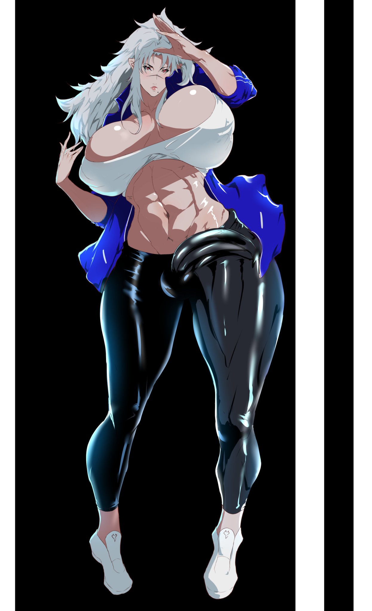1futa, abs, alternate version at source, big breasts, big penis, breasts, bulge, bulge through clothing, character request, erection, erection under clothes, futanari, huge breasts, intersex, muscular, muscular futa, penis, penis outline, scar, solo, tenchizone, tight pants, white hair