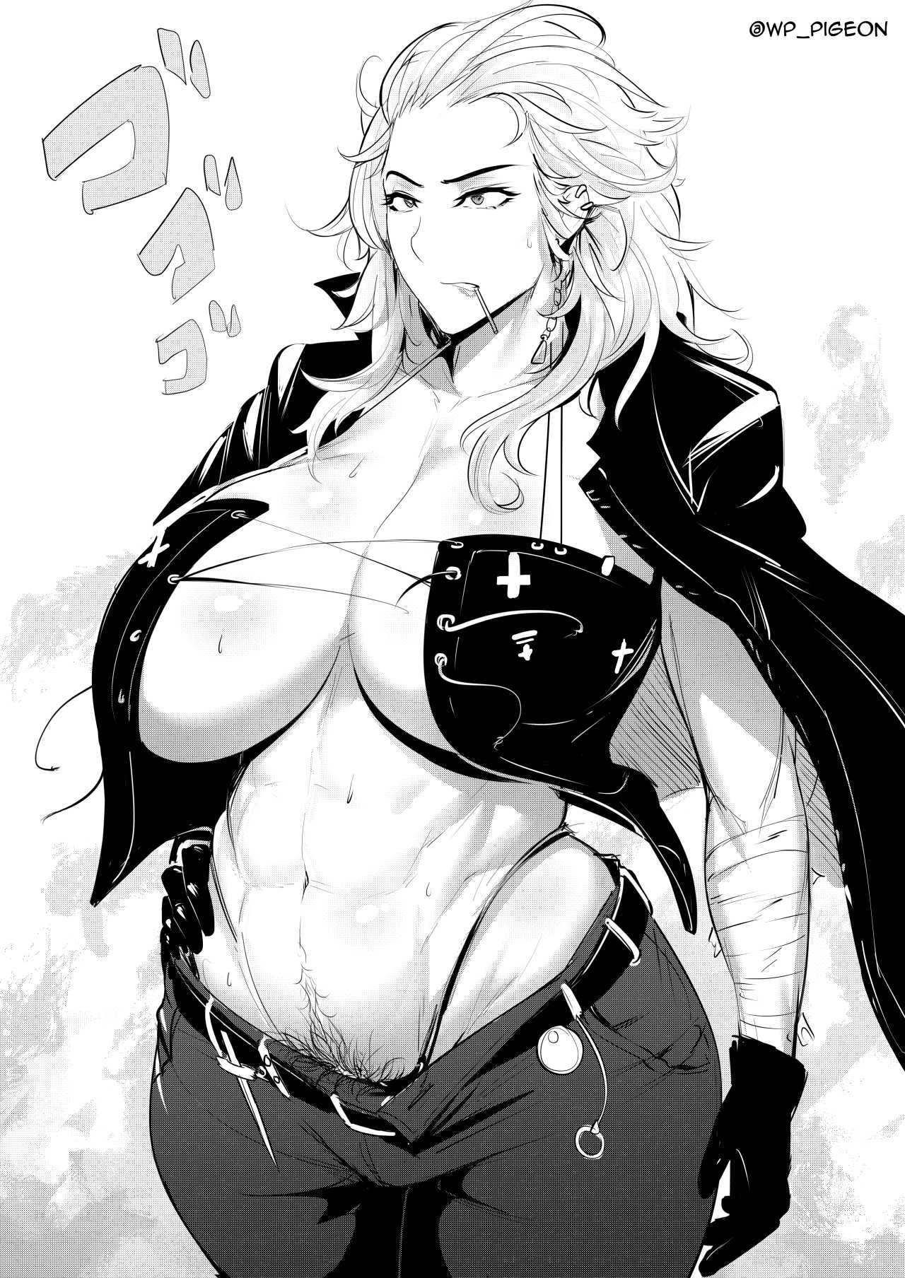 1girls, abs, big breasts, bimbo, breasts, cigarette, cleavage, dorohedoro, female, female only, happy trail, hourglass figure, huge breasts, large breasts, monochrome, muscular, muscular female, naughty face, noi (dorohedoro), pubic hair, seductive, solo, thick thighs, thong, waterproof-pigeon, whale tail