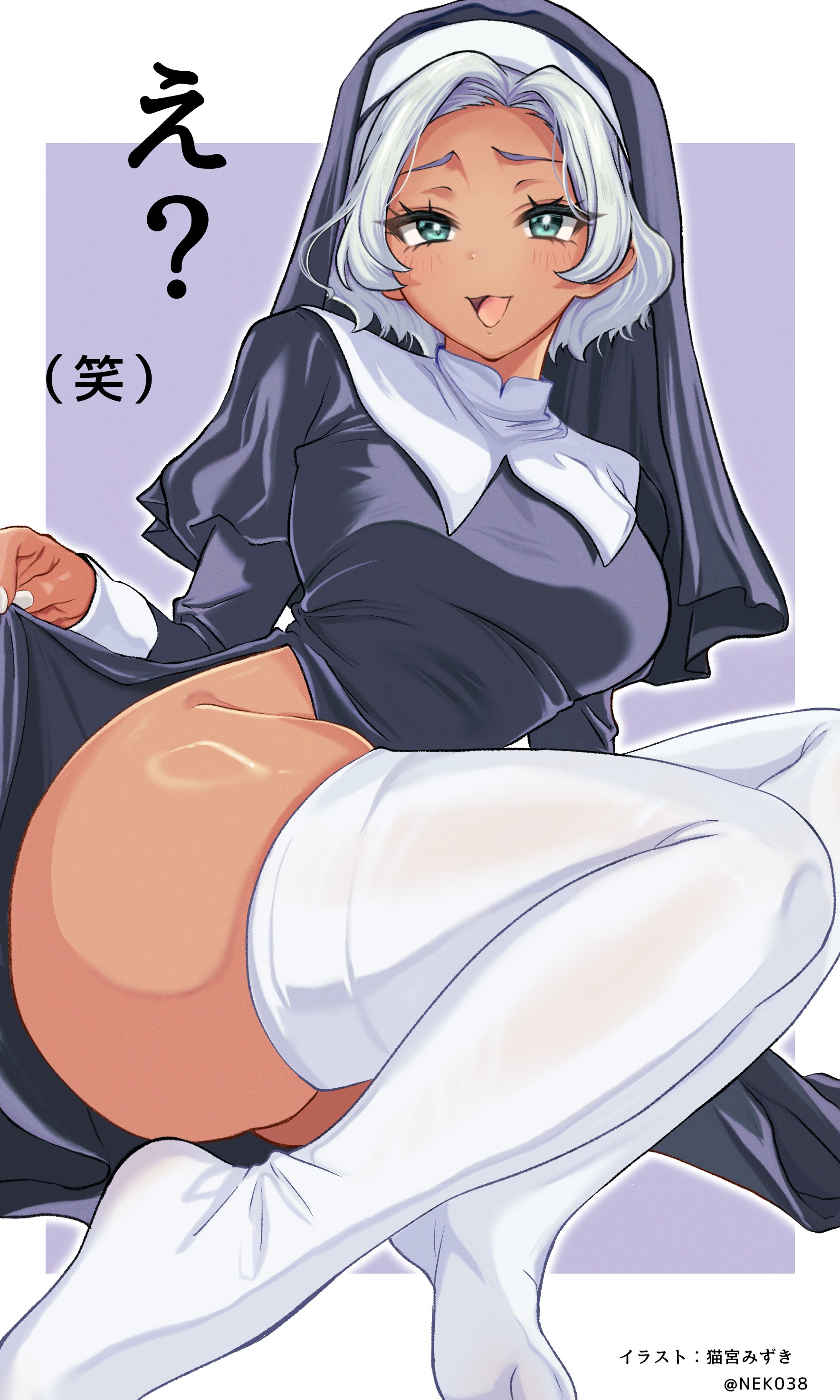 1girls, absurdres, artist request, ass, blush, curvy, dark skin, dark-skinned female, female, green eyes, guimpe, gundam, gundam suisei no majo, highres, nekomiya mizuki, nun, open mouth, puffy sleeves, secelia dote, simple background, skindentation, thighhighs, tight clothes, white hair, white nails, white thighhighs, wimple