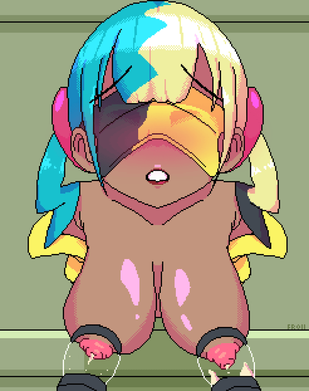 1girls, bare shoulders, big breasts, blush, breasts, canari (pokemon), canary (pokemon), female, froll, froll (artist), game freak, gif, lactation, mask, mask over eyes, milk, milk machine, milking, multicolored hair, multicolored mask, nintendo, no bra, pokemon, pokemon legends: z-a, shiny skin, solo, solo female, solo focus, twintails, two-tone hair, two-tone mask