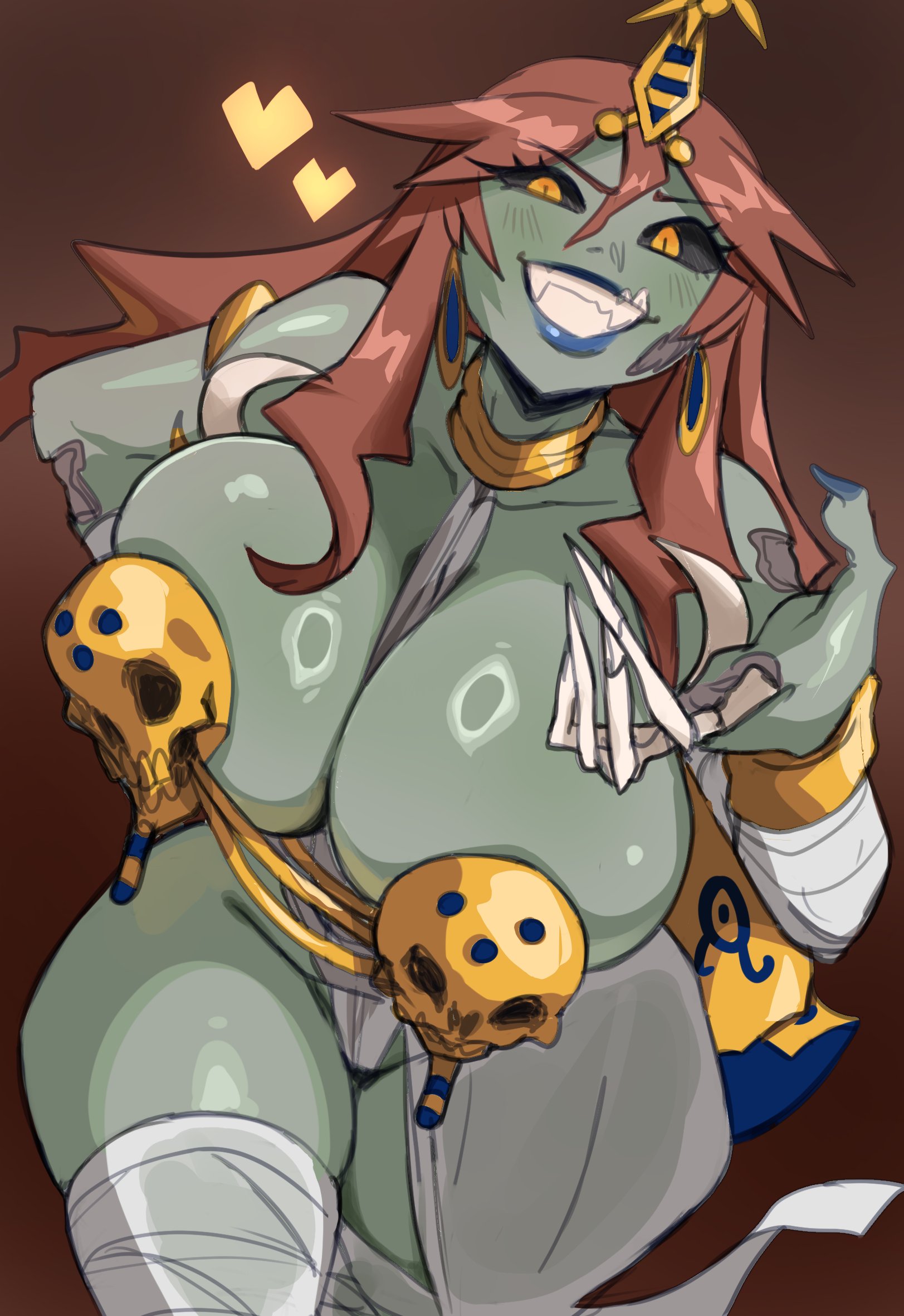 <3, 1girls, big breasts, black sclera, blue lipstick, breasts, brown hair, claudette (lightsource), egyptian, female, female only, green body, grin, grinning at viewer, halloween, hi res, lightsource, long hair, looking at viewer, mummy, mummy girl, orange eyes, original, sharp fingernails, slit pupils, smiling, smiling at viewer, solo, thick thighs