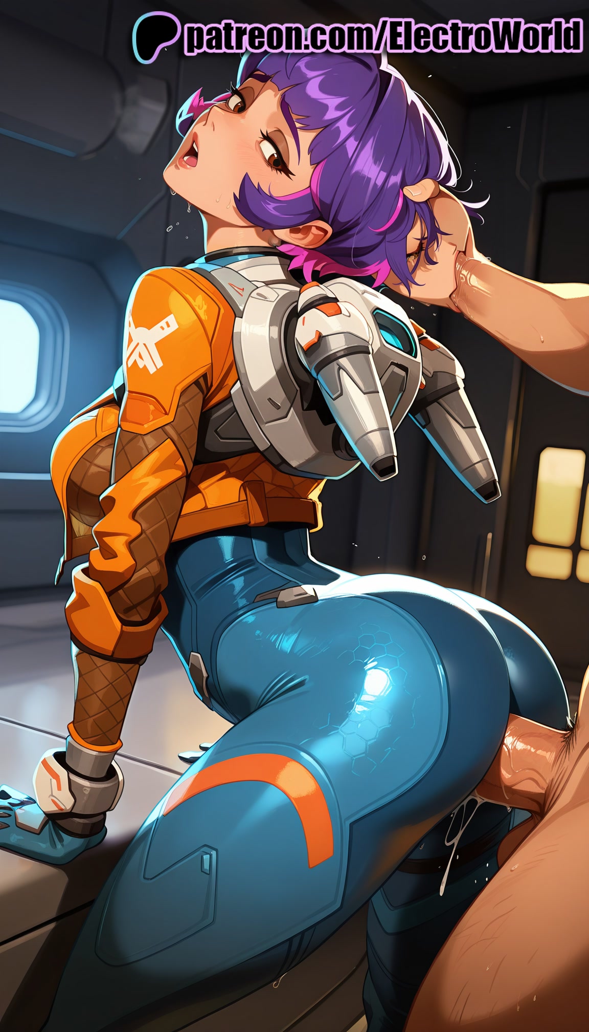 1boy, 1girls, 2025, ai generated, artist name, bodysuit, cock, dick, electroworld, female, fucking, hi res, high quality, high resolution, highres, intercourse, juno (overwatch), love making, male, multicolored hair, open mouth, overwatch, patreon, patreon username, penetration, penis, ponytail, purple hair, sex, sexual intercourse, stable diffusion, straight, sweat, uncensored, watermark