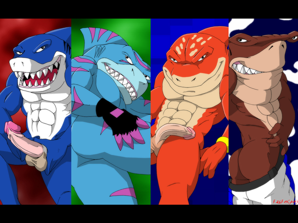 abs anthro clothes color fabfelipe jab male male_only multiple_males muscles nude ripster shark sharp_teeth slammu smile street_sharks streex topless