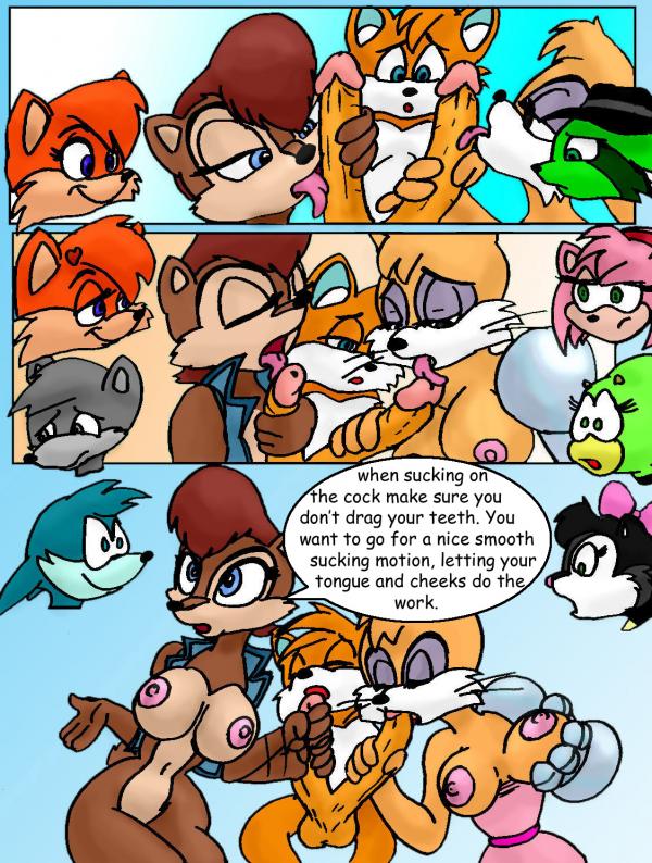 1boy age_difference amy_rose anthro archie_comics areola balls black_nose blue_eyes bottomless breast_grab breasts brown_fur brown_hair bunnie_rabbot canine chipmunk closed_eyes collaborative_fellatio comic cybernetics cyborg diphallia diphallism double_fellatio double_handjob english_text eyelashes eyeshadow fbz fellatio female fox fur furry furry_only hairbow handjob hedgehog lagomorph large_breasts larger_female male mammal mobian_(species) multi_penis multiple_females mustelid nipples open_mouth oral oral_sex orange_fur penis penis_grab penis_lick precum rabbit rodent sally_acorn sega sitting size_difference skunk smaller_male sonic_(series) sonic_satam sonic_the_hedgehog_(archie) sonic_the_hedgehog_(comics) sonic_the_hedgehog_(series) straight tail tails tan_fur teacher's_pets teamwork text thought_bubble tongue tongue_out two_tone_fur vest watching whiskers white_fur