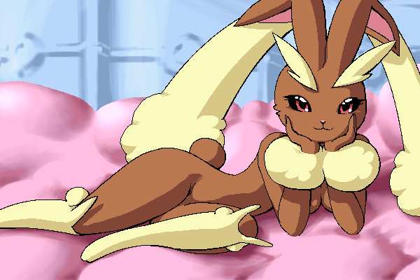 animal_ears anthro anthrofied bed blush breasts brown_fur bunny_ears color female female_only fur furry furry_only g-sun lopunny lying nintendo nude pokémon_(species) pokemon pokemon_(species) smile solo tagme tail