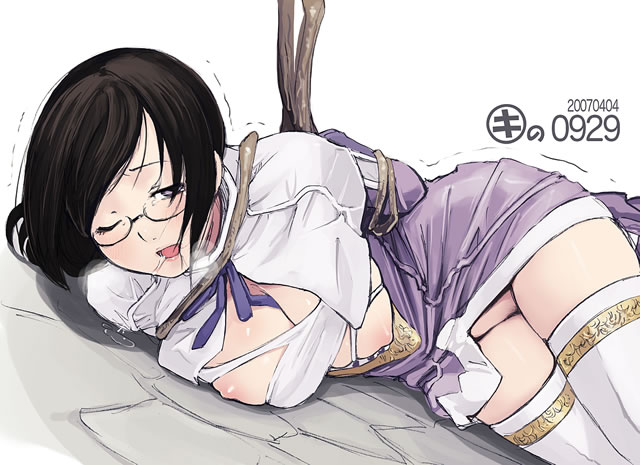 blue_dragon_ral_grad bondage breasts female glasses kei_jiei mio_(blue_dragon) nipples open_mouth thighhighs torn_clothes