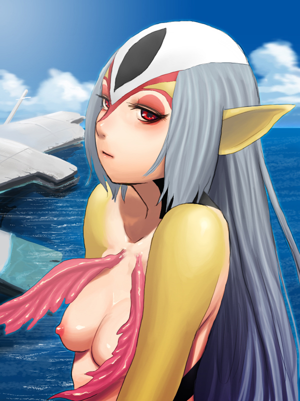 1girls blue_submarine_no._6 breasts female grey_hair humanoid kizen long_hair marine monster_girl mutio nipples nude ocean pointy_ears red_eyes sky water yellow_skin