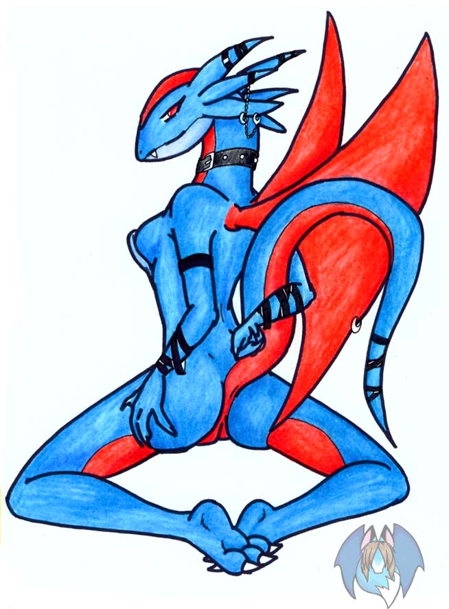 anthro ass back_view blue_skin color female female_only kneeling looking_back nude pokemon red_eyes red_skin salamence solo tagme tierafoxglove wings