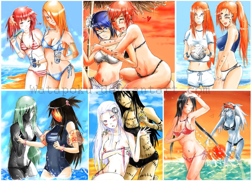 ajisai_(naruto) akatsuki_(naruto) beach big_breasts bikini black_hair blonde_hair blue_hair breasts brown_hair canon_genderswap deidara genderswap genderswap_(mtf) green_hair hidan hoshigaki_kisame kakuzu konan long_hair multiple_girls naruto naruto_shippuden nipples orange_hair pain_(naruto) piercing ponytail red_hair rule_63 sasori school_swimsuit short_hair sportswear stitches straight_hair swimsuit tied_hair tobi uchiha_itachi uchiha_obito watapoku white_hair zetsu