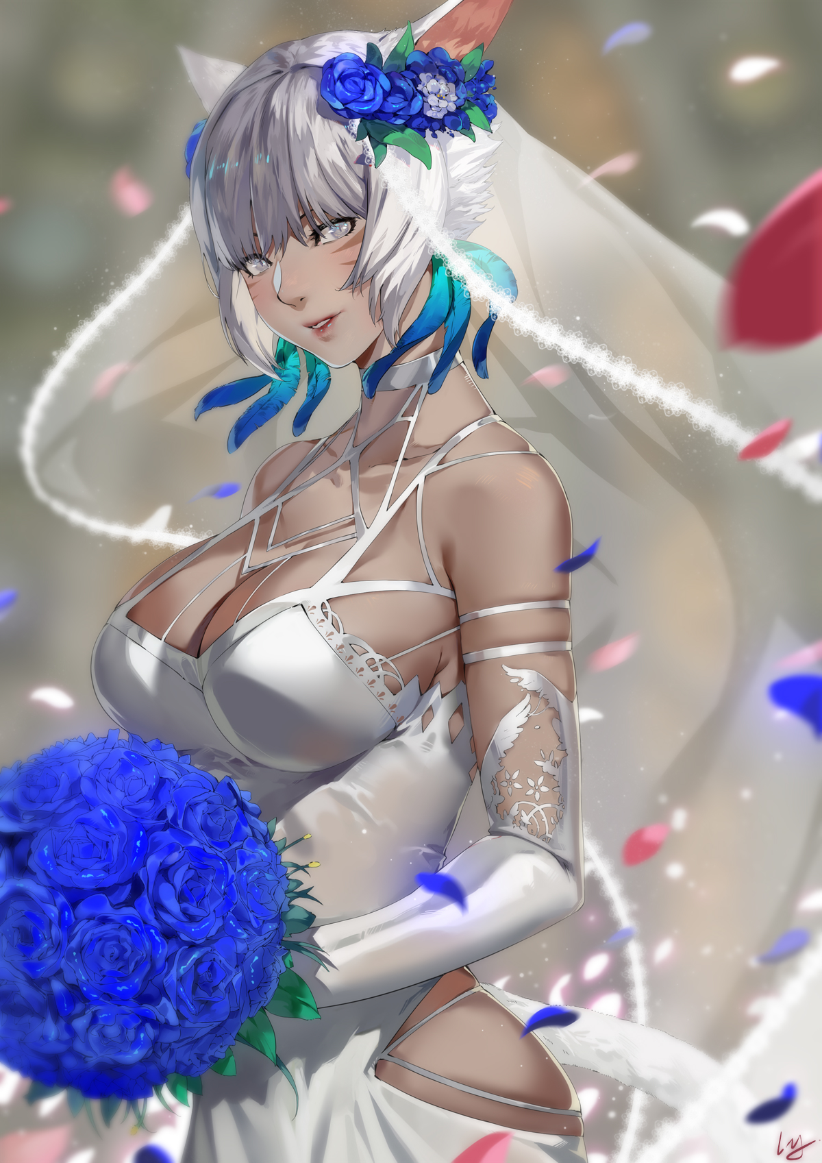 1girls, blind, blue rose, blurry background, bouquet, breasts, bridal veil, bride, cat ears, cat tail, cleavage, club3, dark skin, dark-skinned female, depth of field, elbow gloves, female, final fantasy, final fantasy xiv, flower, grey hair, hair flower, hi res, hip vent, large breasts, looking at viewer, miqo'te, nanaya (daaijianglin), parted lips, petals, rose, slit pupils, solo, solo female, wedding dress, wholesome, y'shtola