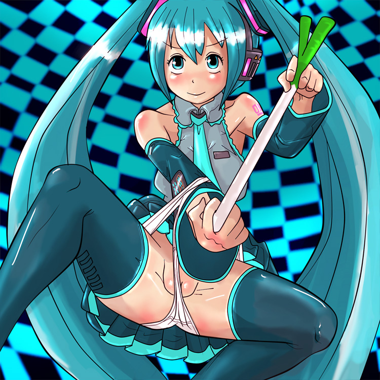 1girls 2d arm_tattoo artist_request bangs big_breasts black_sleeves black_thighhighs blue_hair blue_necktie blush breasts checkered_background clothed color detached_sleeves eyebrows_visible_through_hair female female_only hatsune_miku headset leek light-skinned_female light_skin long_hair necktie panties pink_tattoo pleated_skirt pussy simple_background skirt sleeves solo tattoo thighhighs twintails vocaloid wedgie white_panties