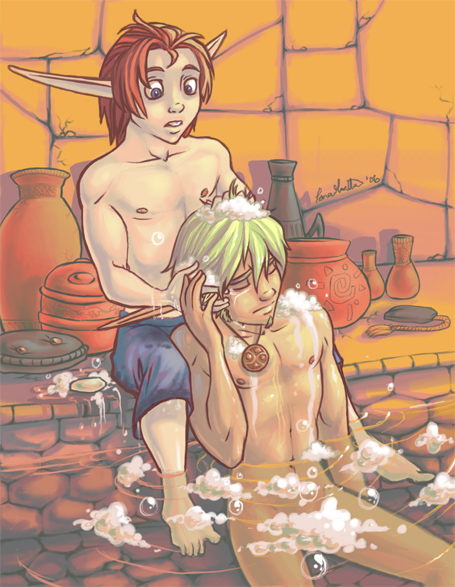 2006 2boys abs bathhouse bathing cmnm daxter duo feet green_hair human jak jak_and_daxter male male_only muscles muscular_male navel nude orange_hair shirtless soap water