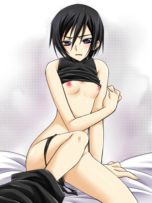 black_hair black_panties breasts code_geass flat_chest lelouch_lamperouge luluko panties panties_around_one_leg purple_eyes rule_63 shirt_lift short_hair underwear yorushin