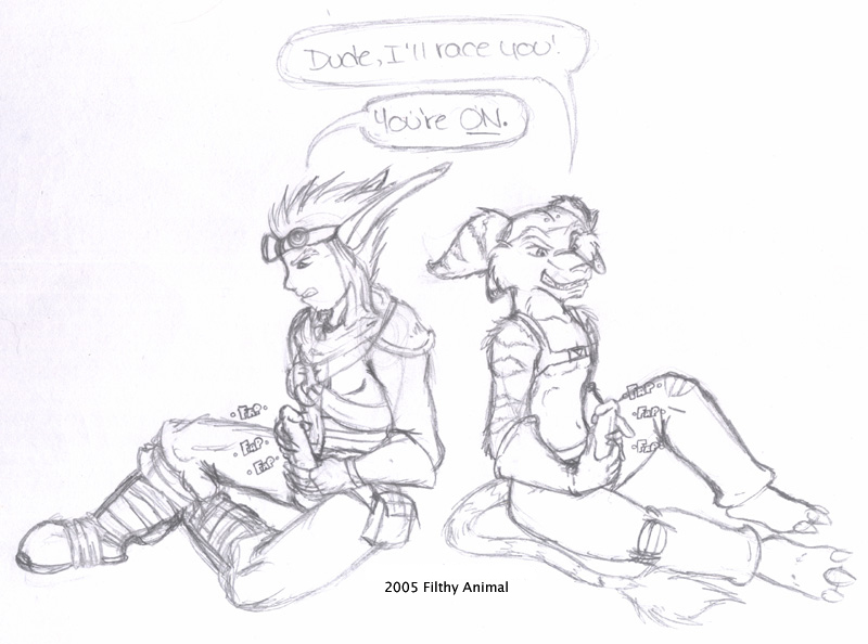 00s 2005 crossover english_text filthy_animal gay jak jak_and_daxter male male_only monochrome ratchet_(ratchet_and_clank) ratchet_and_clank text traditional_media_(artwork)