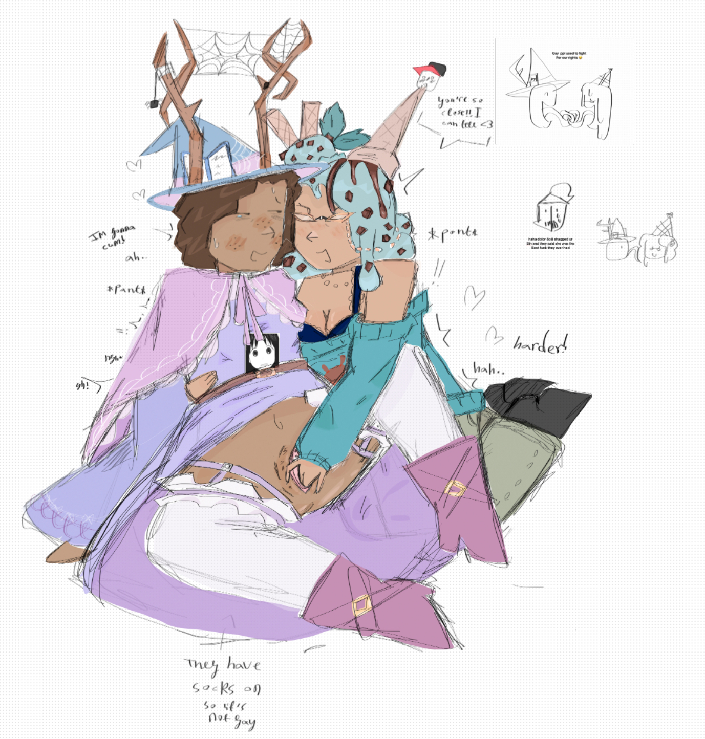 118o8, 1girls, 226w6, ambiguous gender, antlers, close to orgasm, clothed, clothed female, deer antlers, dialogue, english text, female, finger fuck, fingering, fingering partner, fingering pussy, forsaken (roblox), functionally nude, garter, garter belt, garter straps, garters, half clothed, half nude, ice cream, ice cream cone, ice cream cone hat, ice cream hair, lesbian, lesbian sex, nonbinary, pussy, roblox, roblox game, robloxian, self upload, stockings, tearing up, tears, tears of joy, tears of pleasure, text, thigh highs, thighhighs, uhplumbuh, uncensored, vaginal penetration, vaginal sex, what, yuri