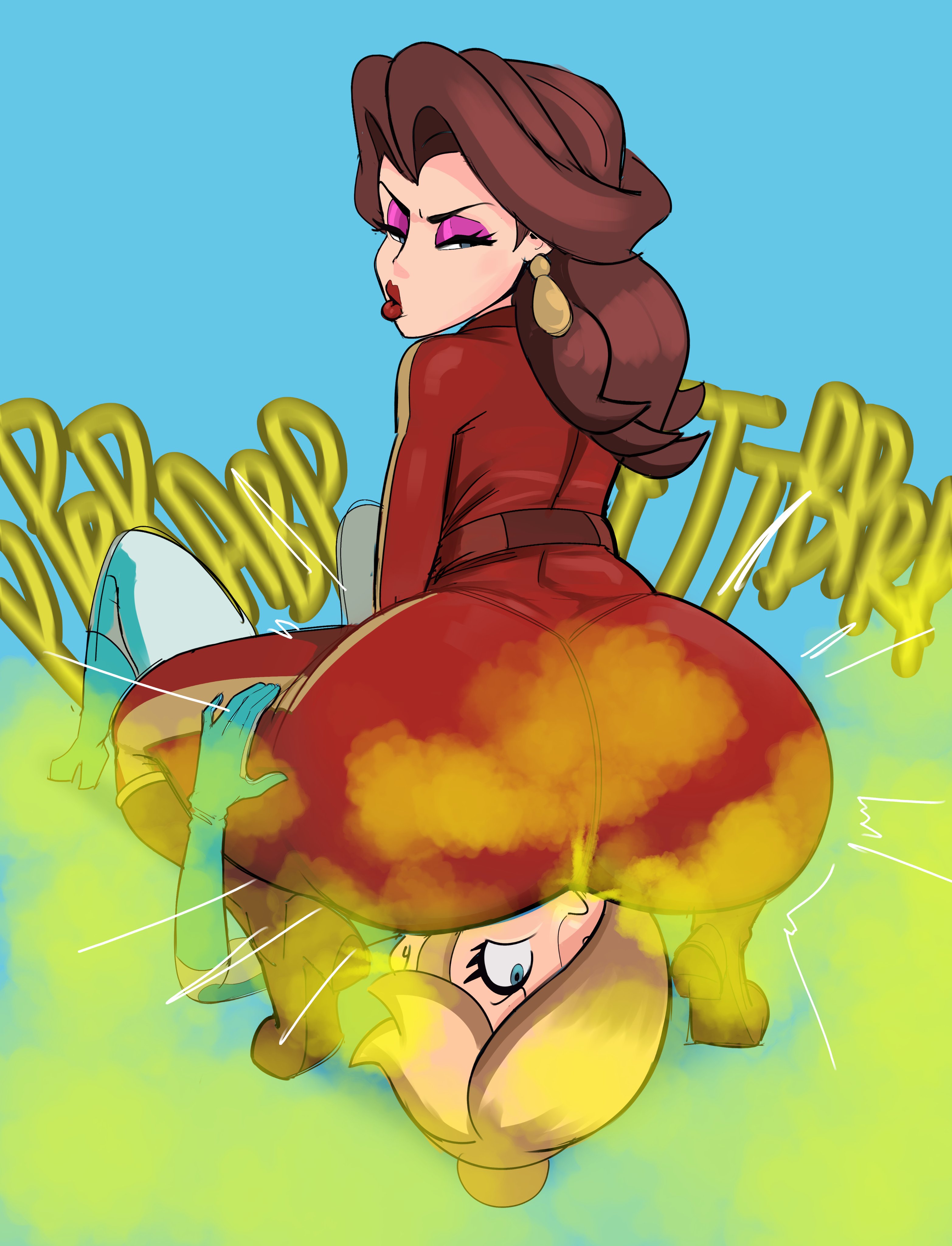 2girls, ass, ass focus, bodysuit, dialogue, ear piercing, earrings, english, english text, eyeshadow, facesitting, fart, fart cloud, fart fetish, farting, female, female only, femdom, hair over one eye, hands on thighs, huge ass, lezdom, lipstick, lolotron, makeup, mario (series), mario kart, mario kart world, onomatopoeia, pauline, pauline (aero), pauline (mario), piercing, pouty lips, princess rosalina, princess rosalina (aero), purple eyeshadow, red lipstick, shocked, shocked expression, simple background, squatting, text