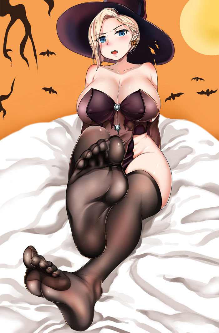 1girls, alternate costume, artist request, blonde hair, blue eyes, blush, breasts, feet, female, female only, femdom, foot fetish, halloween, mercy, open mouth, overwatch, soles, solo, thighhighs, toes, witch hat, witch mercy, yellow hair
