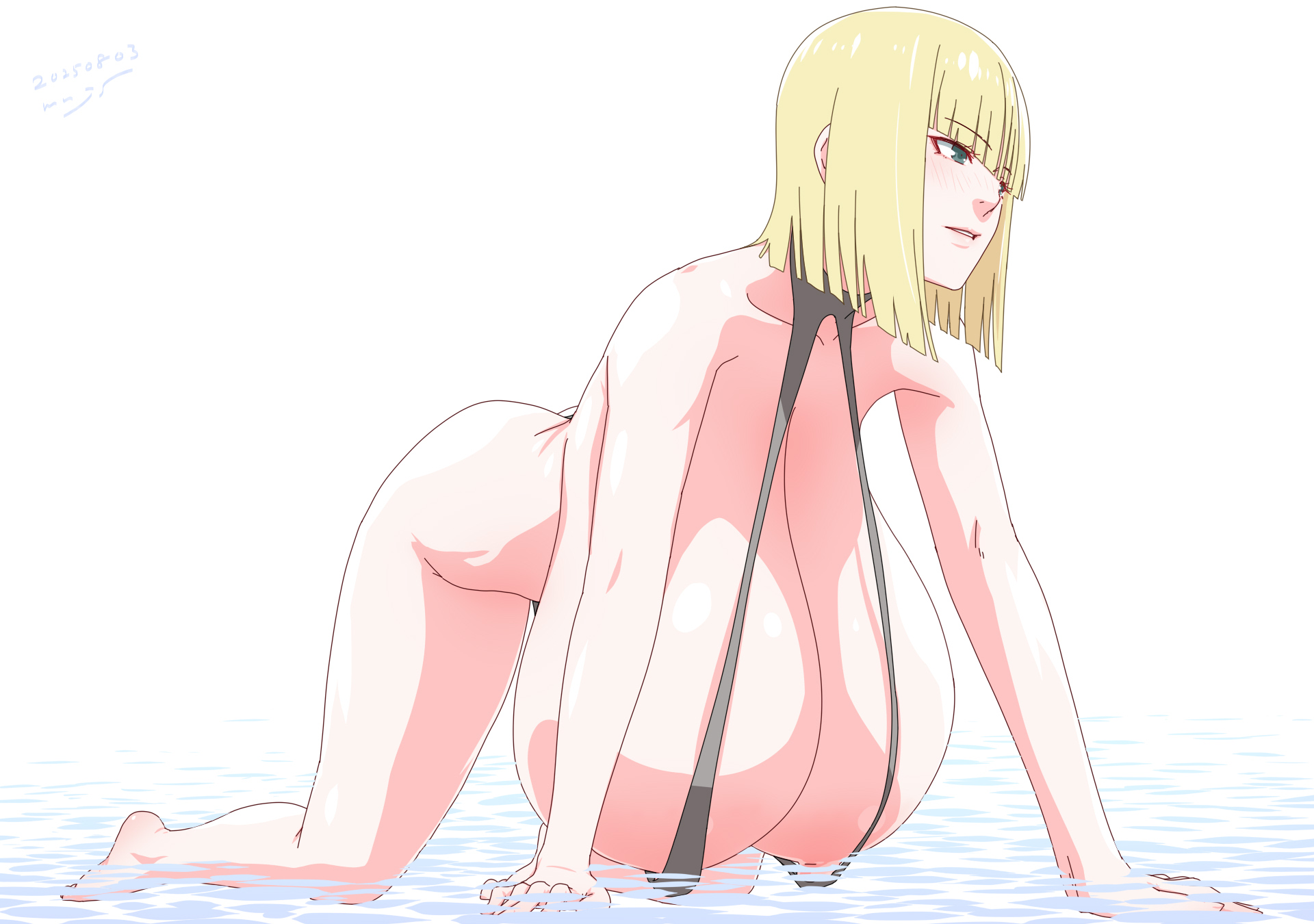 1girls, all fours, alternate breast size, areola slip, arm support, bikini, blonde hair, blue eyes, blunt bangs, breasts, breasts bigger than head, cleavage, covered erect nipples, dated, erect nipples, female, female focus, gigantic breasts, grey background, high heels, highres, huge breasts, leaning forward, legs apart, micro bikini, mnjs, naruto, naruto (series), naruto shippuden, samui, signature, simple background, slingshot swimsuit, solo, string bikini, swimsuit, thighs, tsurime, voluptuous