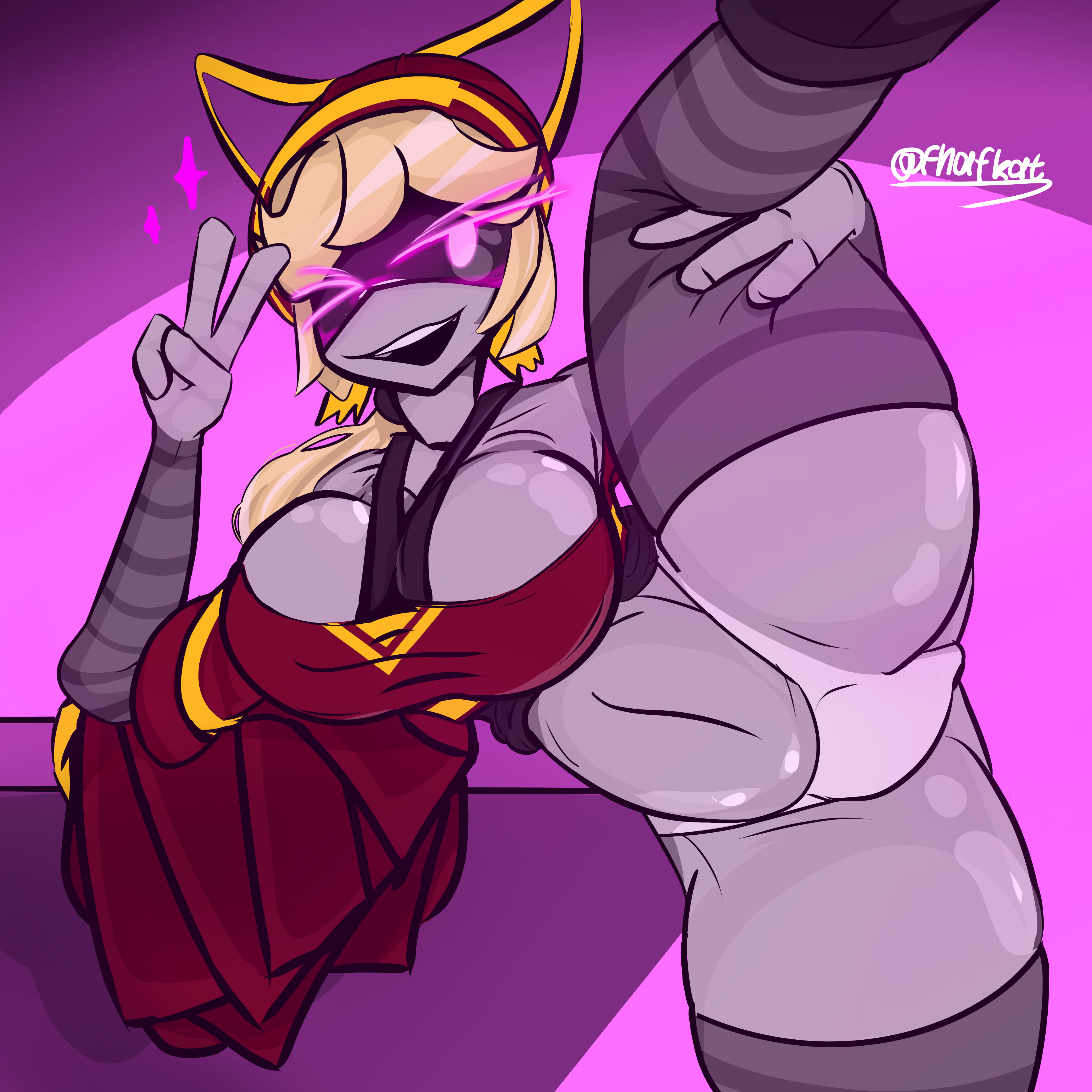big breasts, big thighs, blonde hair, breasts, female, female only, fnafkat, glitch productions, lizzy (murder drones), murder drones, no panties, pink eyes, posing, robot, robot girl, thick thighs, white body, white skin, worker drone