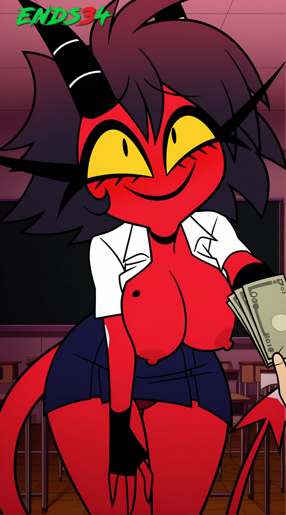 ai generated, bent over, big breasts, blue skirt, breasts, demon girl, ends34, female, female focus, helluva boss, millie (helluva boss), money, panties, prostitution, school uniform, skirt, smile, white shirt