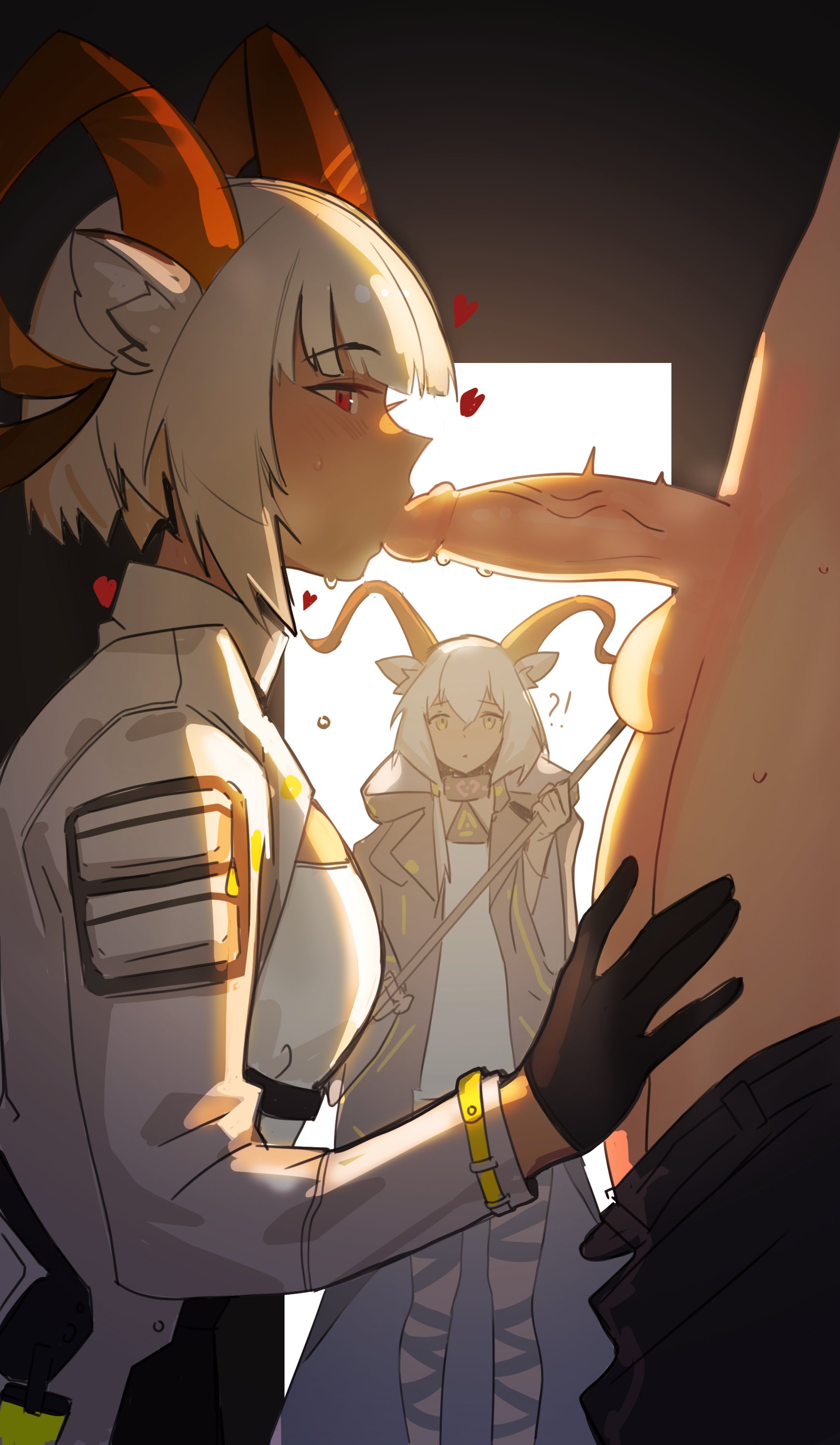 1boy, 2girls, arknights, big breasts, blowjob, blush, breasts, carnelian (arknights), clothed, dark skin, dark-skinned female, female, gloves, heart, horns, kissing penis, male, ninra, oral, penis, red eyes, short hair, sweat, walking in on, white hair