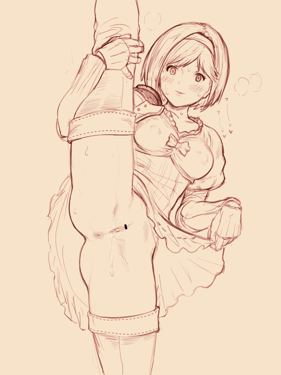 2=8, 2equal8, adventurer, bar censor, censor bar, censored, djeeta (granblue fantasy), dress, female, granblue fantasy, granblue fantasy versus, high boots, horny, horny female, leg lift, lifting leg, nipples visible through clothing, pussy, short hair, showing pussy, steam