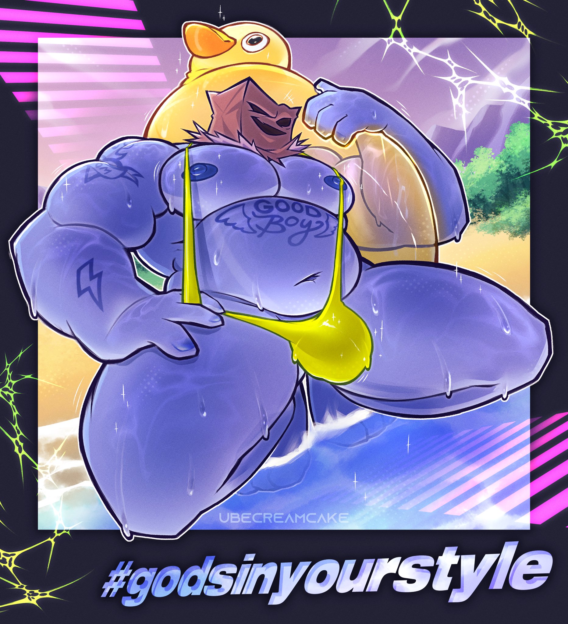 artist name, bara, belly, big thighs, blue body, blue skin, bulge, chubby, chubby male, duo, erect nipples, feet, full body, gay, gay male, godsinyourstyle, godstv, half-dressed, humanoid, inflatable, kinni (godstv), kneeling, looking at viewer, low-angle view, male, male only, mankini, melbotstudio, navel, nipples, nude, object head, pecs, pool float, solo, solo focus, solo male, tattoo, tattoo on belly, tattooed arm, tattoos, thick thighs, ubecreamcake, underwear, video games, water, watermark, yaoi, yellow mankini