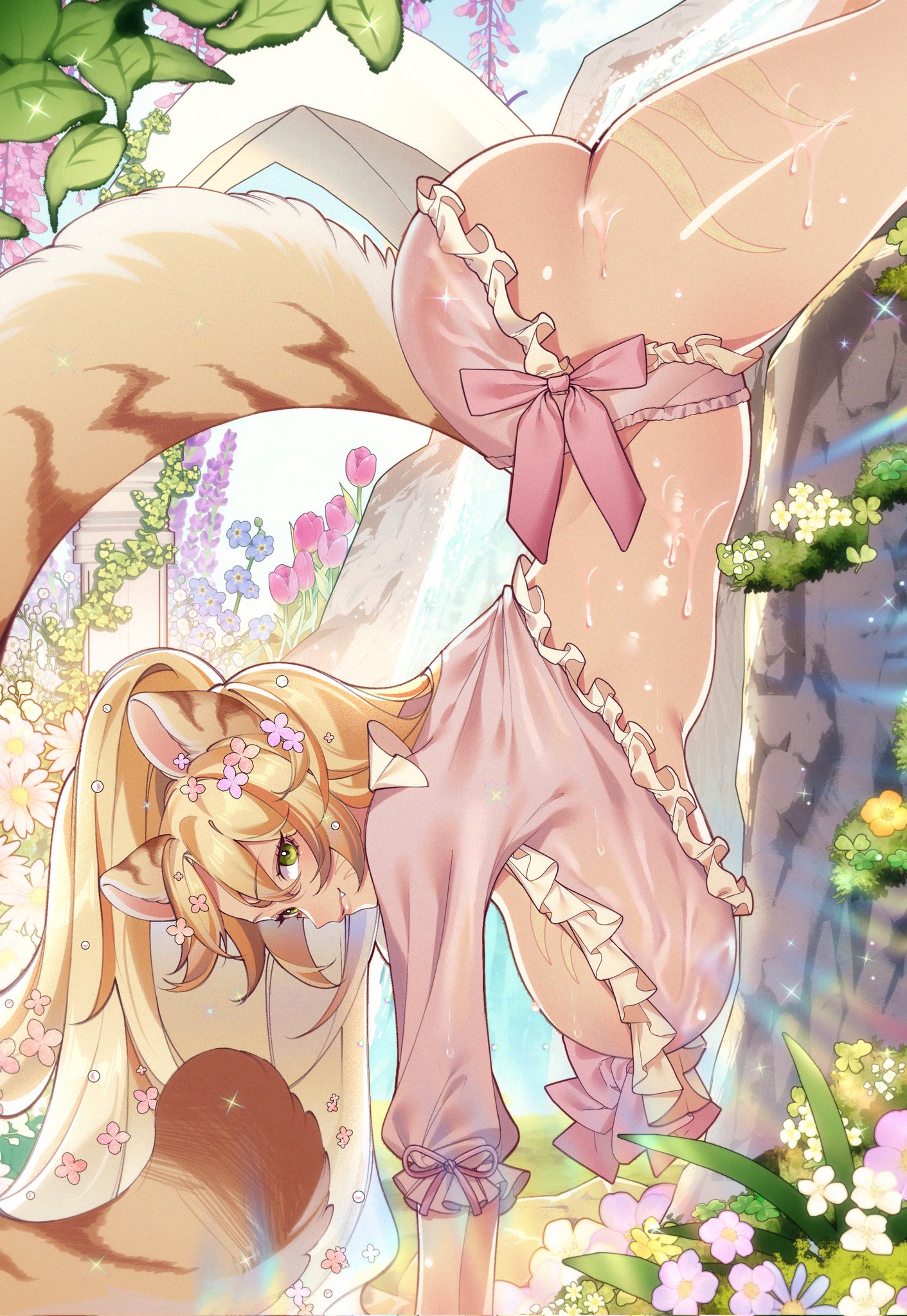 animal ears, arm support, ass, blonde hair, breasts, cropped shirt, day, female, flower, frilled shirt, frilled shorts, frills, from side, green eyes, hair between eyes, hair flower, hair ornament, hanging breasts, highres, huge breasts, indie virtual youtuber, kuzeri, large tail, leowyn (vtuber), long hair, looking at viewer, outdoors, pink shirt, pink shorts, second-party source, shirt, shorts, solo, tail, thighs, tiger ears, tiger girl, tiger stripes, tiger tail, top-down bottom-up, upside-down, virtual youtuber, water, waterfall, wet