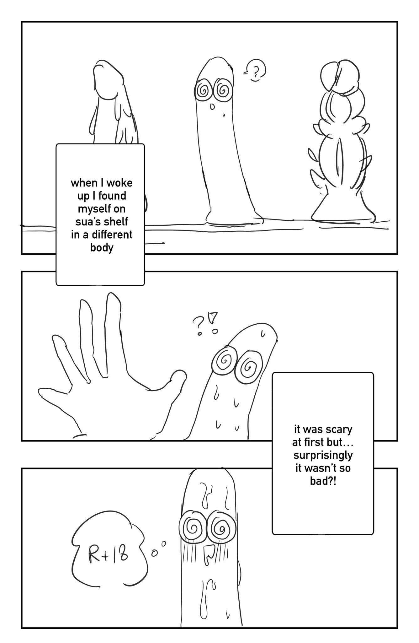 ?!, 1girl, 1girls, after transformation, alien stage, comic, dildo, dildo collection, drooling, english text, inanimate animate, inanimate object, inanimate transformation, mizi (alien stage), no color, post-transformation, sex toy, sua (alien stage), the quipper, transformed