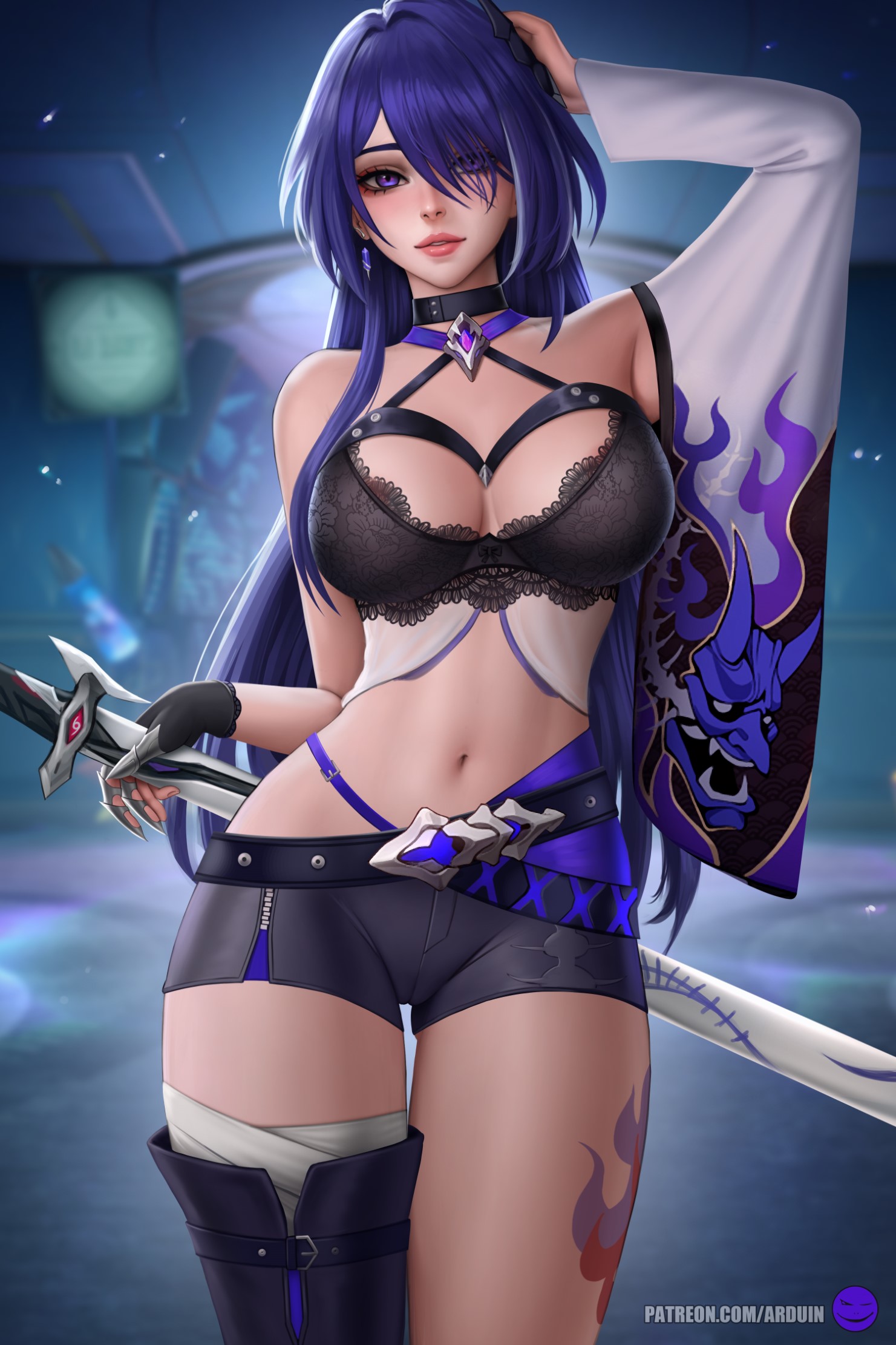 1girls, acheron (honkai: star rail), arduin (arduin art), arm above head, arm up, belly, belly button, black bra, black underwear, blade, blue background, blurred background, blurry background, bra, breasts, choker, cleavage, collarbone, curvaceous, curvaceous body, curvaceous female, curvaceous figure, curvaceous hips, curvy, curvy body, curvy female, curvy figure, curvy hips, digital drawing, digital media, earrings, elbows, female, female focus, female only, fingernails, fingers, frilled bra, frilled underwear, garter straps, groin, hair over one eye, hand above head, hand on hair, hand on head, hand on own hair, hand on own head, hand up, high resolution, highres, honkai (series), honkai: star rail, hourglass figure, lace bra, lace underwear, laced bra, laced underwear, lean figure, lips, long hair, looking at viewer, medium breasts, midriff, narrow waist, navel, purple eyebrows, purple eyes, purple hair, purple-eyed female, purple-haired female, shorts, shoulders, slender body, slender waist, slim waist, solo, standing, sword, thick thighs, thigh gap, thighs, underwear, upper body, weapon, wide hips