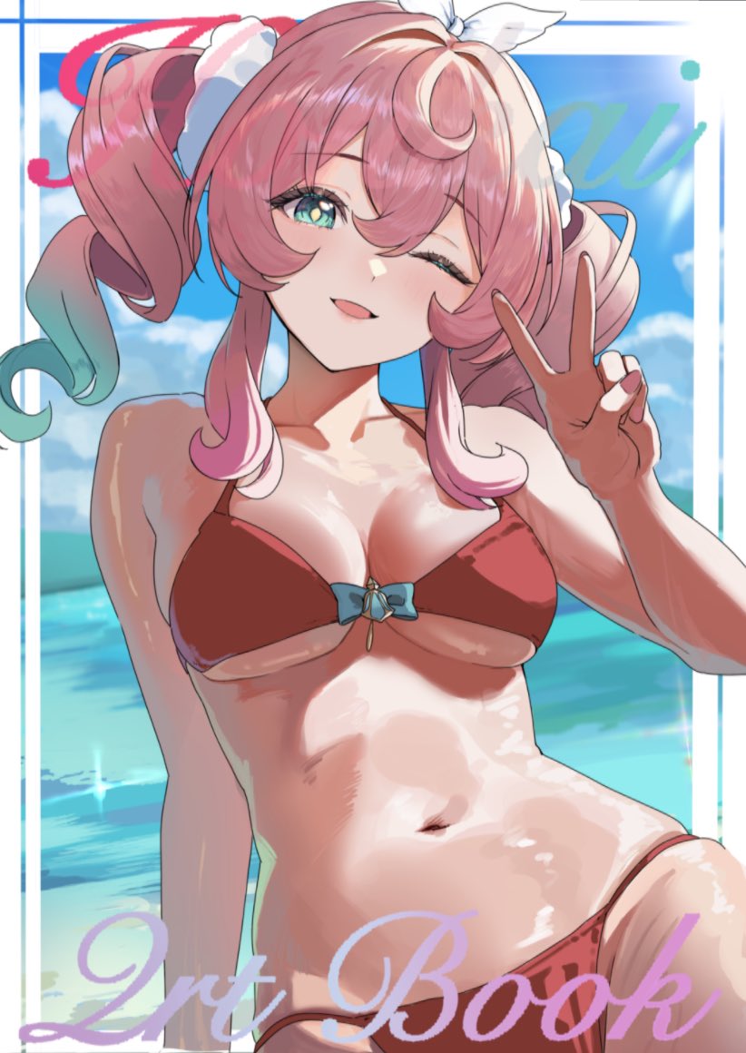 1girls, breasts, female, honkai: star rail, hoyoverse, hyacine (honkai: star rail), mihoyo, multicolored eyes, multicolored hair, ocean, peace sign, pink hair, red swimsuit, swimsuit, tokusakusa, twintails, underboob