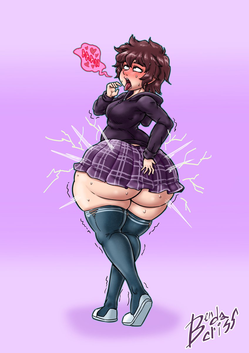 1girls, ass, ass expansion, bendacriss, big ass, bottom heavy, female, heart, hoodie, huge ass, messy hair, short skirt, skirt, thighhighs, torn clothes, transformation