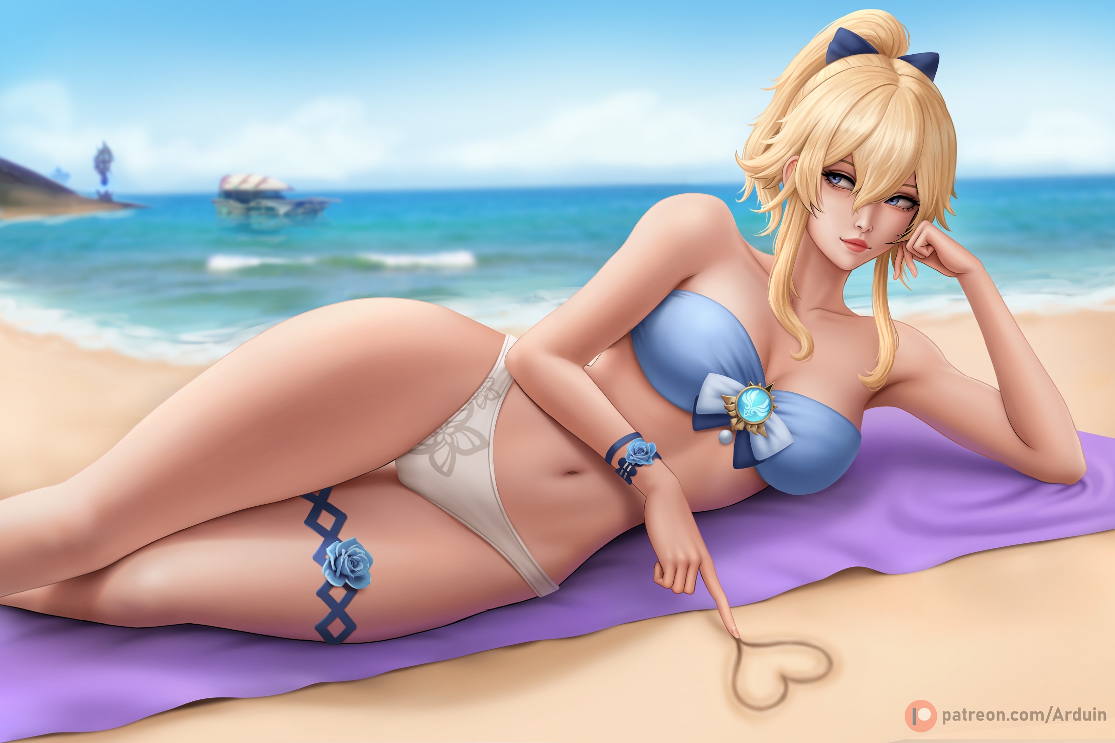 1girls, arduin (arduin art), arm support, armpit, armpit crease, armpit peek, armpits, bare armpits, bare arms, bare belly, bare chest, bare hands, bare hips, bare knees, bare legs, bare midriff, bare navel, bare shoulders, bare skin, bare thighs, beach, belly, belly button, bikini, bikini bottom, bikini only, bikini top, blonde eyebrows, blonde female, blonde hair, blonde-haired female, blue bikini, blue bikini top, blue eyes, blue hair ribbon, blue hair tie, blue ribbon, blue sky, blue swimsuit, blue swimwear, blue-eyed female, blurred background, blurry background, breasts, cleavage, clouds, coast, collarbone, curvaceous, curvaceous body, curvaceous female, curvaceous figure, curvaceous hips, curvaceous thighs, curvy, curvy body, curvy female, curvy figure, curvy hips, curvy thighs, day, daylight, daytime, digital drawing, digital media, elbows, exposed armpits, exposed arms, exposed belly, exposed chest, exposed hips, exposed legs, exposed midriff, exposed navel, exposed shoulders, exposed skin, exposed thighs, female, female focus, female only, fingernails, fingers, genshin impact, groin, hair between eyes, hair ribbon, hair tie, hairless armpits, half naked, half nude, high resolution, highres, horizon, hourglass figure, jean gunnhildr, knees, lean figure, lips, long hair, lying, lying down, lying on floor, lying on ground, lying on side, medium breasts, midriff, naked, naked female, naked woman, narrow waist, navel, nude, nude female, nudity, ocean, on side, outdoor, outdoor nudity, outdoors, outside, ponytail, ribbon, sand, sea, seaside, semi nude, shaved armpits, shoulders, sidelocks, sky, slender body, slender waist, slim waist, solo, string bikini, swimsuit, swimwear, thick thighs, thighs, upper body, white bikini, white bikini bottom, white swimsuit, white swimwear, wide hips