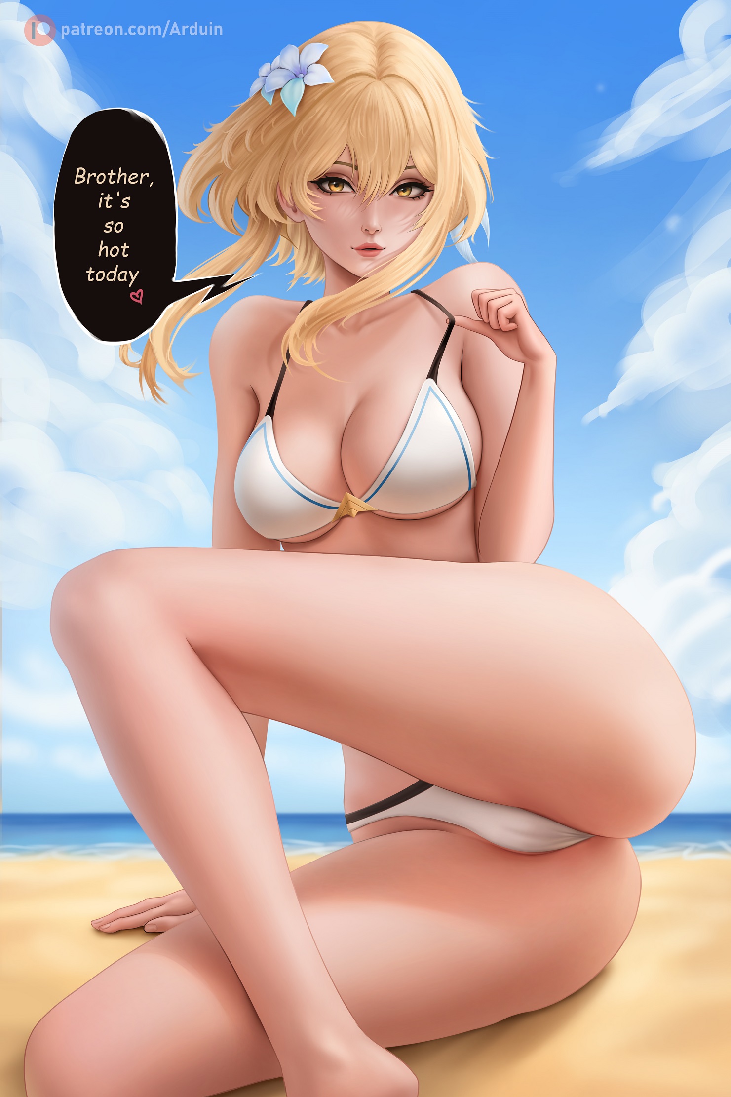 1girls, ankles, arduin (arduin art), arm support, ass, bare ass, bare butt, bare calves, bare chest, bare hands, bare hips, bare knees, bare legs, bare midriff, bare shoulders, bare thighs, beach, big ass, big breasts, bikini, bikini bottom, bikini only, bikini top, blonde eyebrows, blonde female, blonde hair, blonde-haired female, blue background, blue sky, breasts, calves, cleavage, clouds, coast, collarbone, curvaceous, curvaceous body, curvaceous female, curvaceous figure, curvaceous hips, curvy, curvy body, curvy female, curvy figure, curvy hips, day, daytime, dialogue, dialogue bubble, digital drawing, digital media, english, english dialogue, english text, exposed arms, exposed ass, exposed butt, exposed chest, exposed hips, exposed legs, exposed midriff, exposed shoulders, exposed skin, exposed thighs, feet, female, female focus, female only, fingernails, fingers, flower, flower hair ornament, flower in hair, flower on head, full body, genshin impact, groin, hair between eyes, hair ornament, half naked, half nude, halterneck, high resolution, highres, horizon, hourglass figure, knee up, knees, large breasts, lean figure, legs, light-skinned female, lips, long hair, looking at viewer, lumine (genshin impact), midriff, naked, naked female, naked woman, narrow waist, nude, nude female, nudity, ocean, outdoor nudity, outdoors, outside, partially exposed vulva, partially visible vulva, pussy, revealing clothes, sand, sea, seaside, semi nude, shoulders, sitting, sitting on ass, sitting on floor, sitting on ground, sky, slender body, slender waist, slim waist, solo, string bikini, swimsuit, swimwear, text, text bubble, thighs, white bikini, white bikini bottom, white bikini top, white string bikini, white swimsuit, white swimwear, wide hips, yellow eyebrows, yellow eyes, yellow hair, yellow-eyed female, yellow-haired female