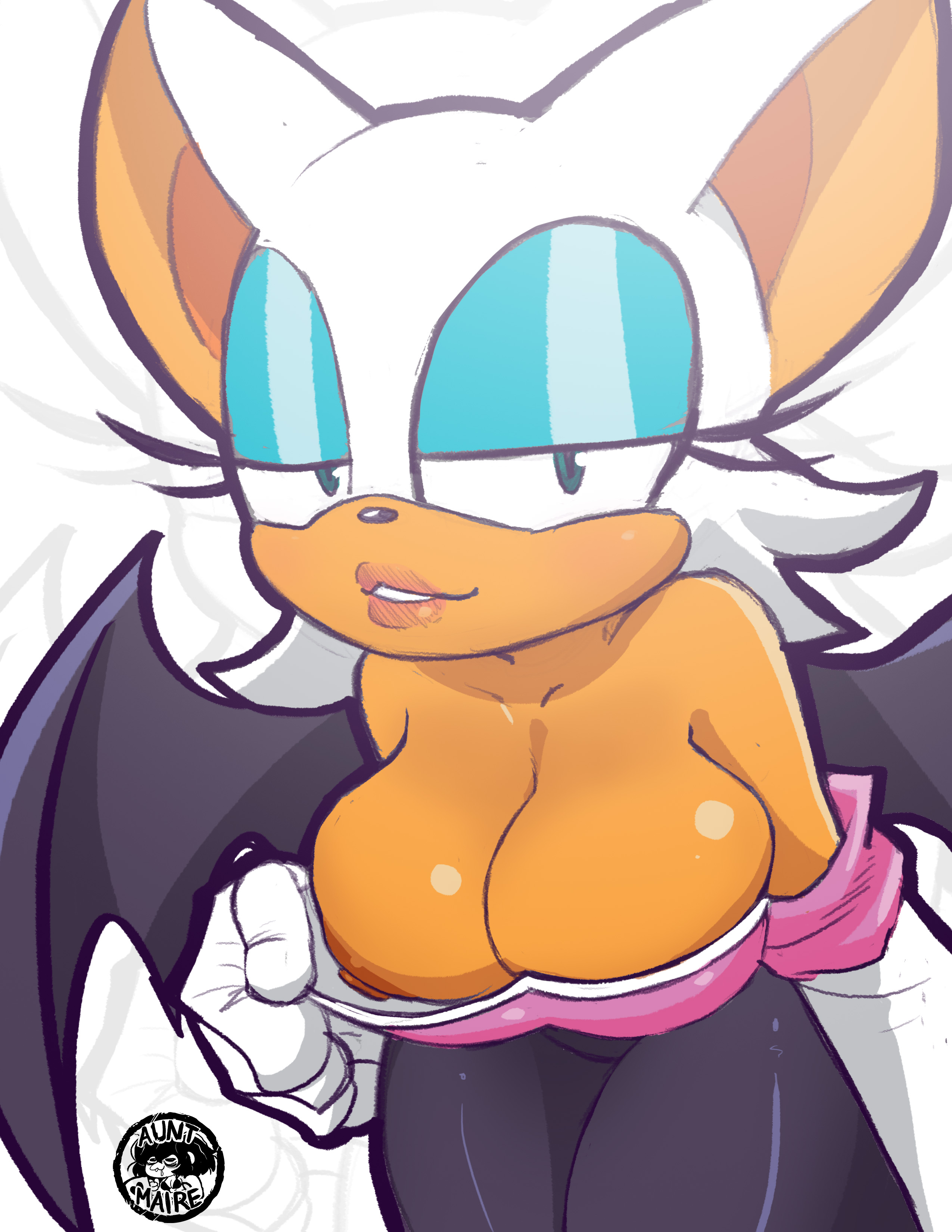 anthro, areolae, bat, big breasts, breasts, cleavage, clothing, female, female only, fur, inkershike, mammal, nipples, presenting, rouge the bat, sega, solo, sonic (series), sonic the hedgehog (series), white fur, white hair