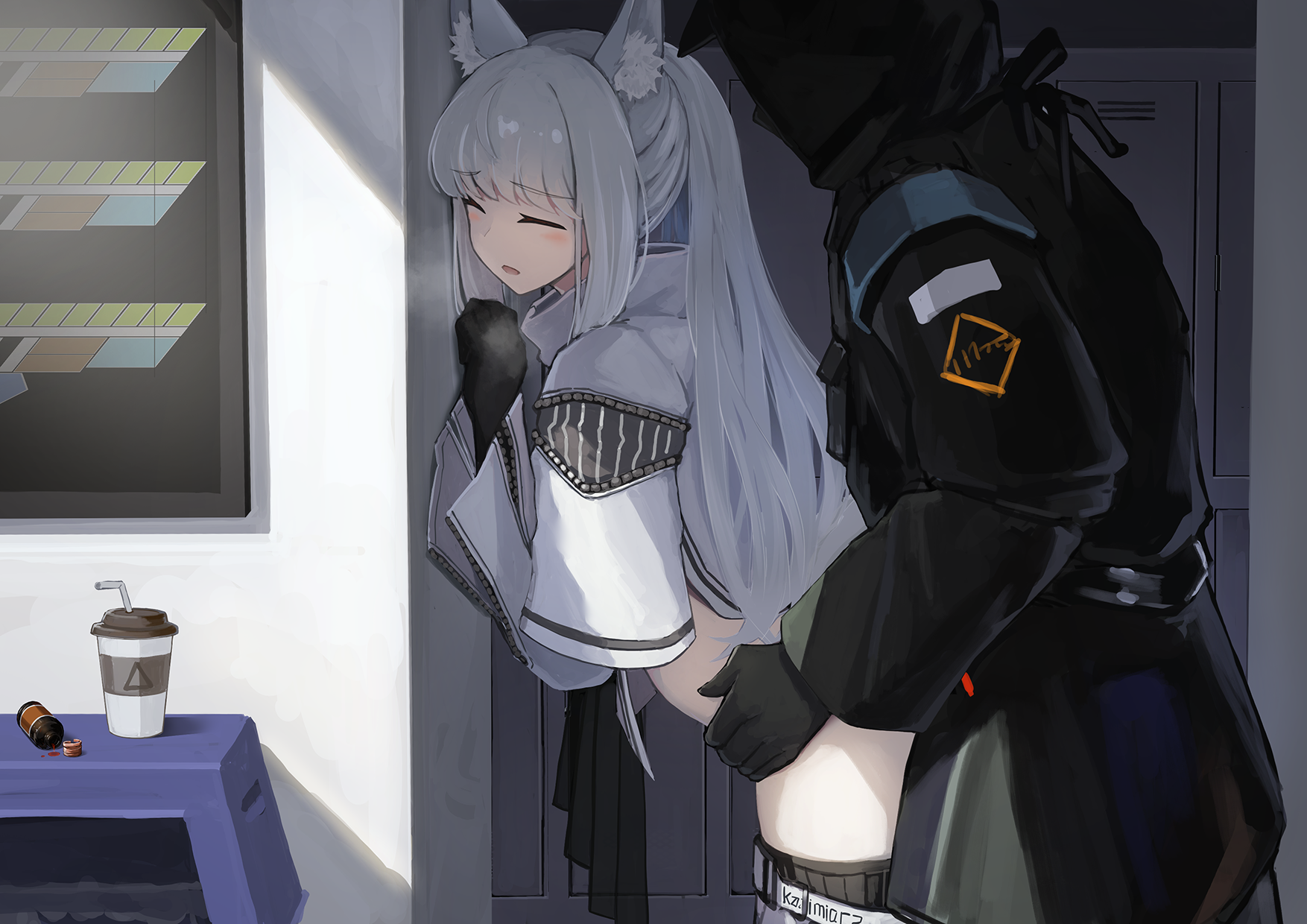 1boy, 1girls, against wall, ambiguous penetration, animal ears, arknights, blush, closed eyes, clothed, doctor (arknights), female, gloves, heavy breathing, horse ears, indoors, kemonomimi, leaning forward, light skin, light-skinned female, locker room, lockers, long hair, male, medicine bottle, open mouth, partially clothed, platinum (arknights), sex, skirt down, standing, straight, tail, uniform, white hair, yokosuji coyote