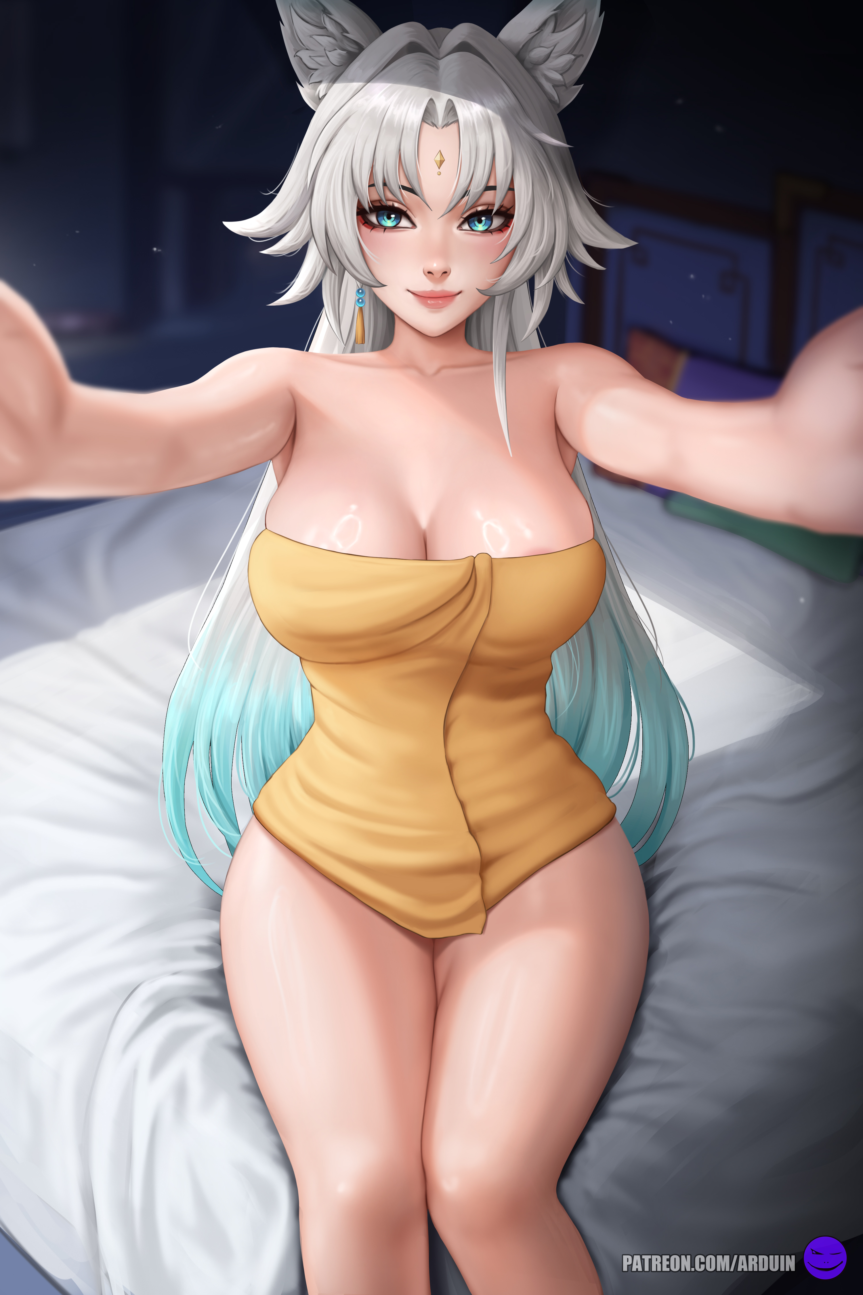 1girls, adult, adult female, animal ear fluff, animal ears, arduin (arduin art), areola slip, areolae slip, armpits, arms above head, arms up, bare armpits, bare chest, bare hands, bare knees, bare legs, bare shoulders, bare thighs, bewitching thighs, big breasts, blue eyes, blue-eyed female, breasts, busty, busty female, child bearing hips, cleavage, closed mouth smile, collarbone, curvaceous, curvaceous body, curvaceous female, curvaceous figure, curvaceous hips, curvaceous thighs, curvy, curvy body, curvy female, curvy figure, curvy hips, curvy thighs, digital drawing, digital media, earrings, elbows, exposed armpits, exposed arms, exposed chest, exposed legs, exposed shoulders, exposed skin, exposed thighs, feixiao (honkai: star rail), female, female focus, female only, groin, half naked, half nude, hands above head, hands up, high resolution, highres, honkai (series), honkai: star rail, hourglass figure, indoor, indoor nudity, indoors, knees, large breasts, lean figure, lips, long hair, looking at viewer, looking up, looking up at viewer, mature, mature female, naked, naked female, naked woman, narrow waist, nude, nude female, nudity, parted bangs, plump breasts, semi nude, shoulders, sitting, sitting on ass, sitting on bed, slender body, slender waist, slim waist, smile, smiley face, smiling at viewer, smirk, solo, thick thighs, thighs, towel, towel around waist, towel only, towel over breasts, upper body, white eyebrows, white hair, white-haired female, wide hips, yellow towel