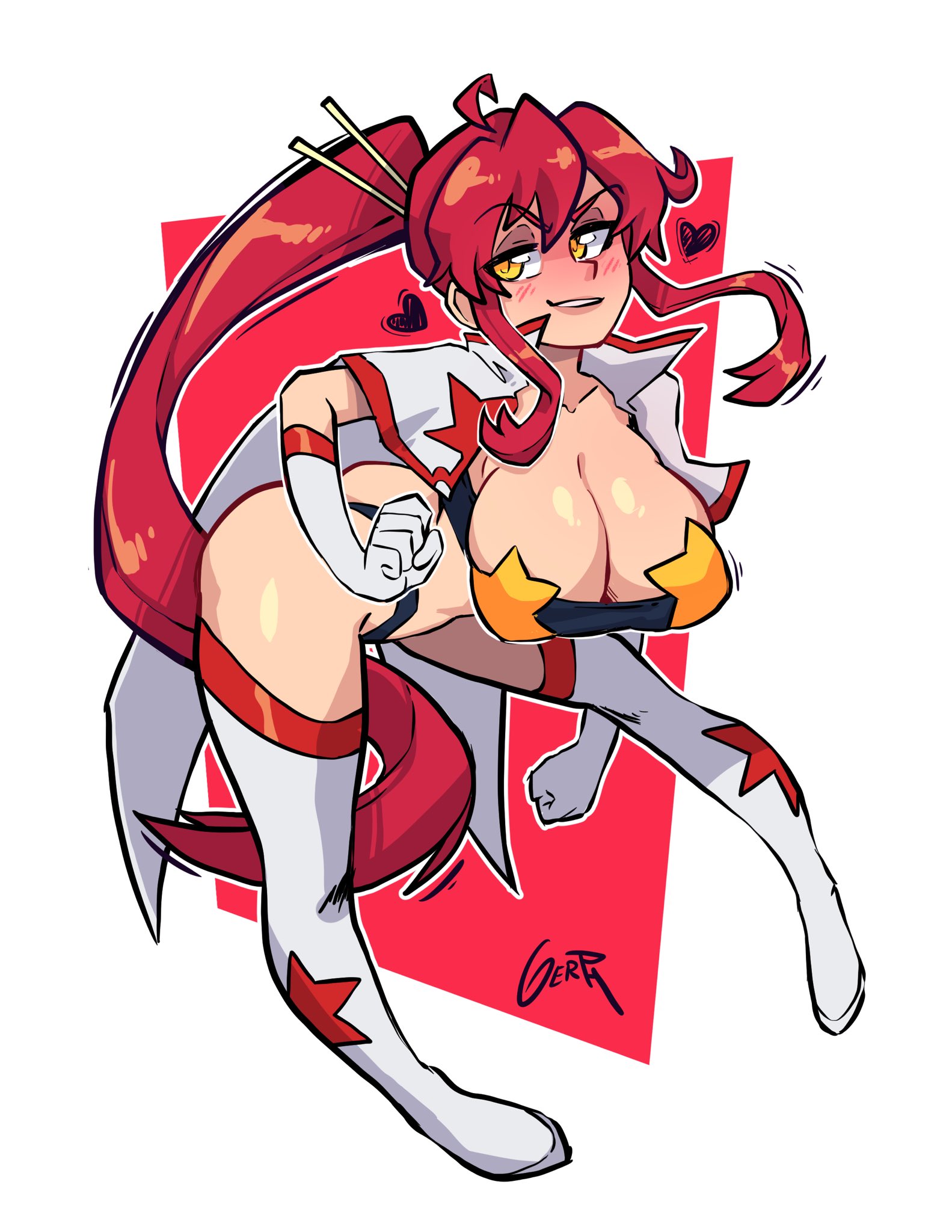 1girls, blush, breasts, cleavage, clothing, female, female only, gerph, gloves, high resolution, huge breasts, ponytail, red hair, smile, solo, space yoko, tengen toppa gurren lagann, thigh boots, thighhighs, tied hair, yellow eyes, yoko littner
